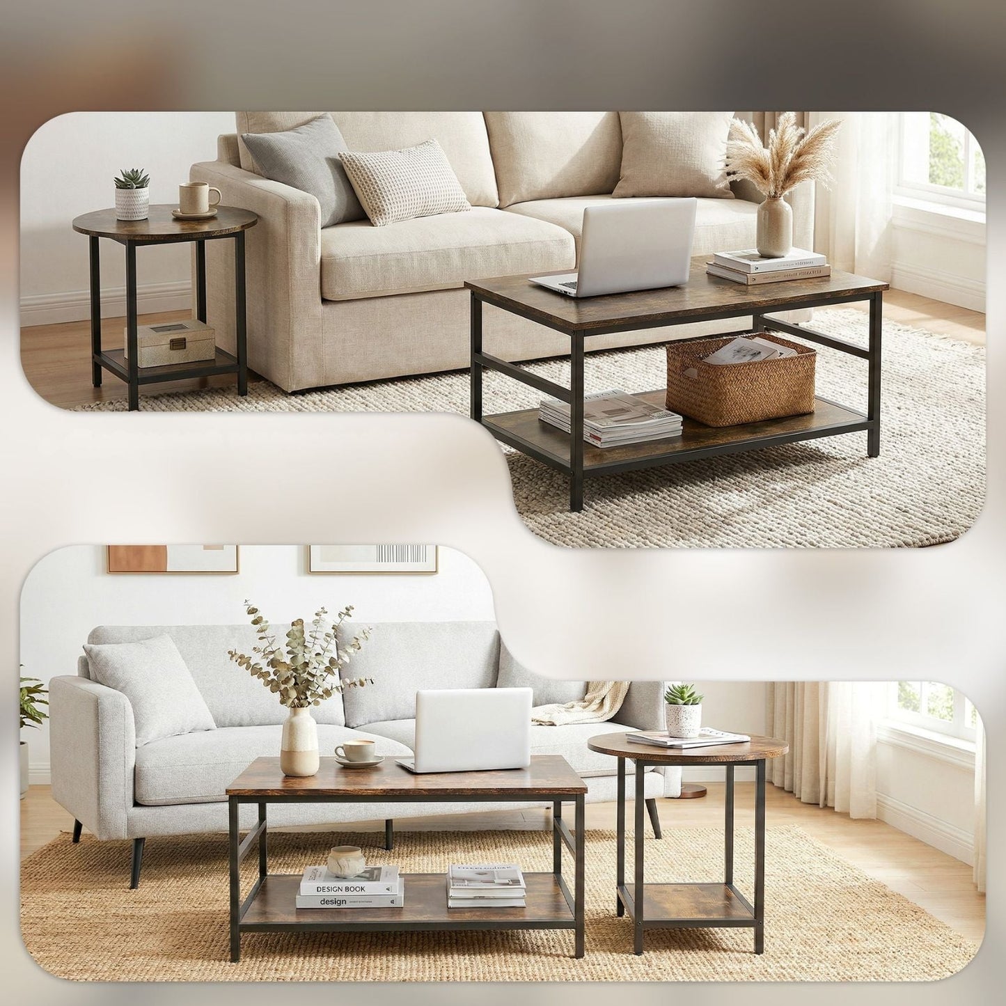 Couchtisch-Set 2-teilig mit Stauraum – Runder und Rechteckiger Satztisch im Industriellen Stil – Rustikal Braun