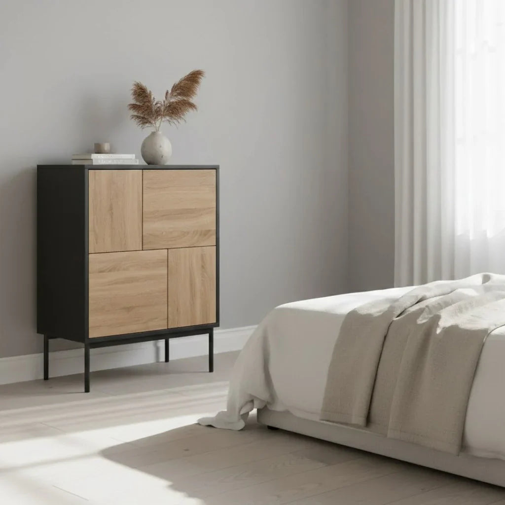 Moderne Kommode mit 4 geschlossenen Fächern – Push-to-Open – Schwarz/Natur