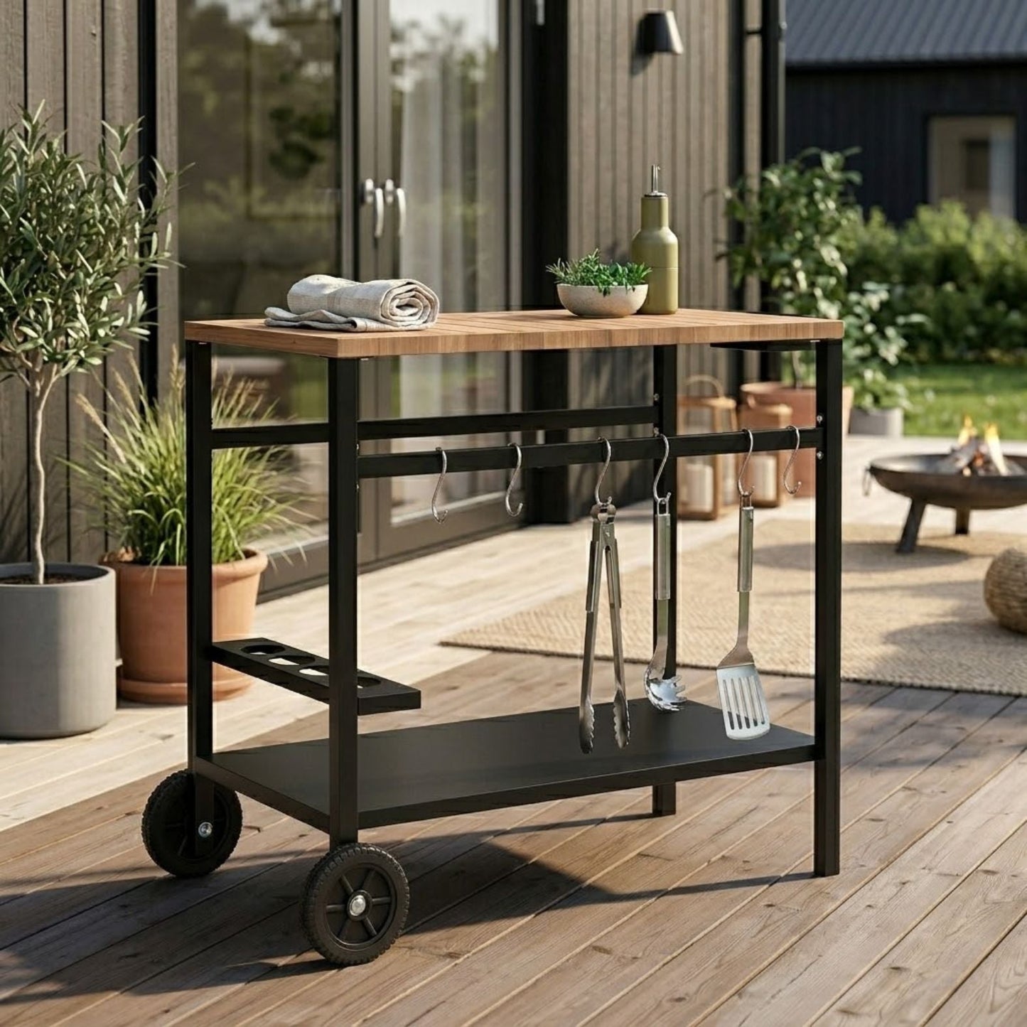 Mobiler Servierwagen mit Rollen und Stauraum – Grilltisch für Innen- und Außenbereich mit Getränkehalter – 97 cm