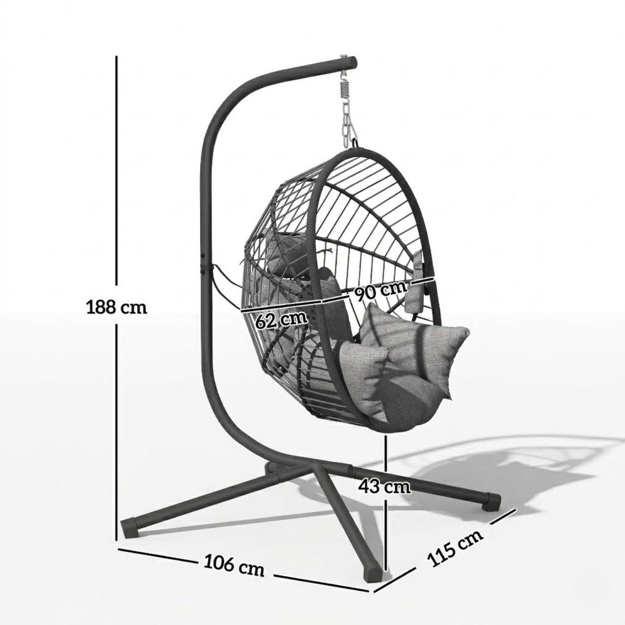 Hängesessel mit Gestell – Klappbares Design mit Extra Dickem Kissen – Für Innen- und Außenbereich – Grau