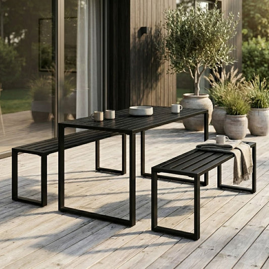 Modernes Gartenset aus Metall – Tisch und 2 Bänke – Schwarz – 4 Personen