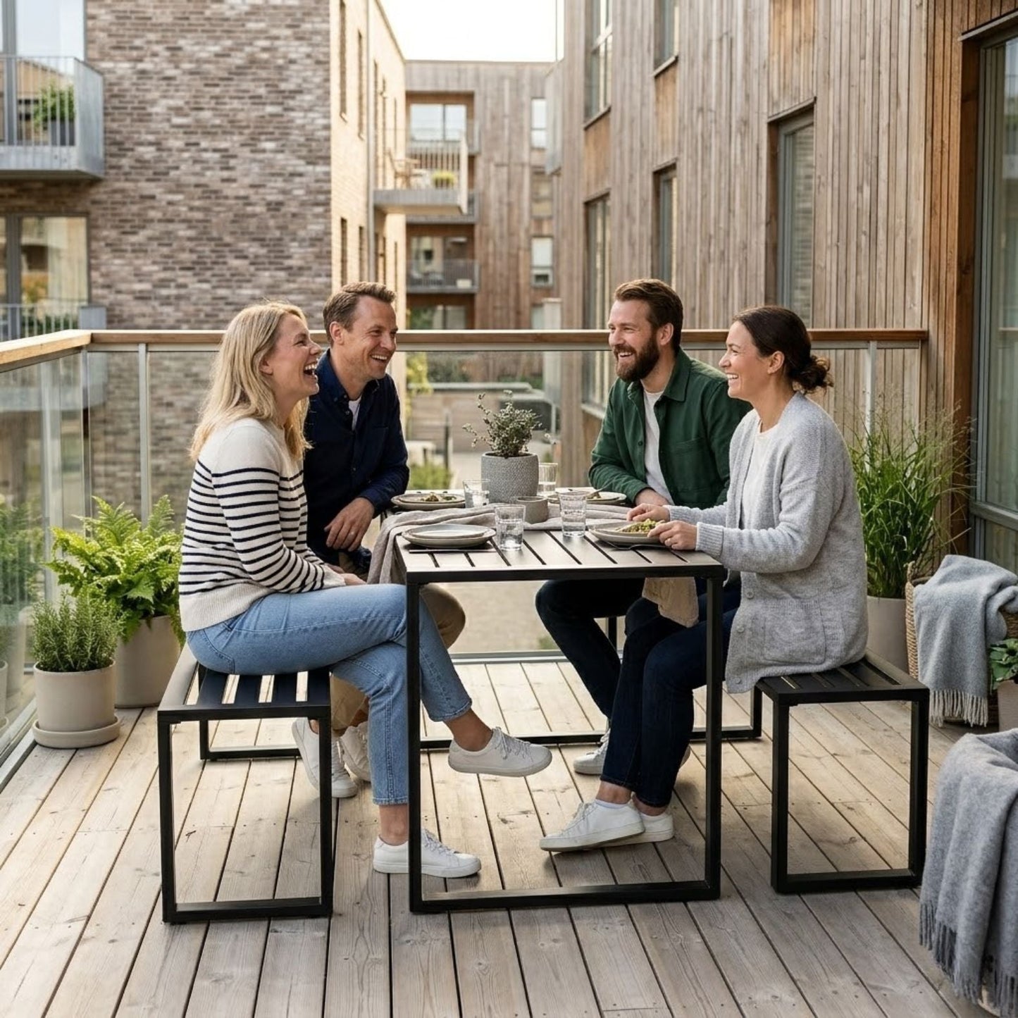 Modernes Gartenset aus Metall – Tisch und 2 Bänke – Schwarz – 4 Personen