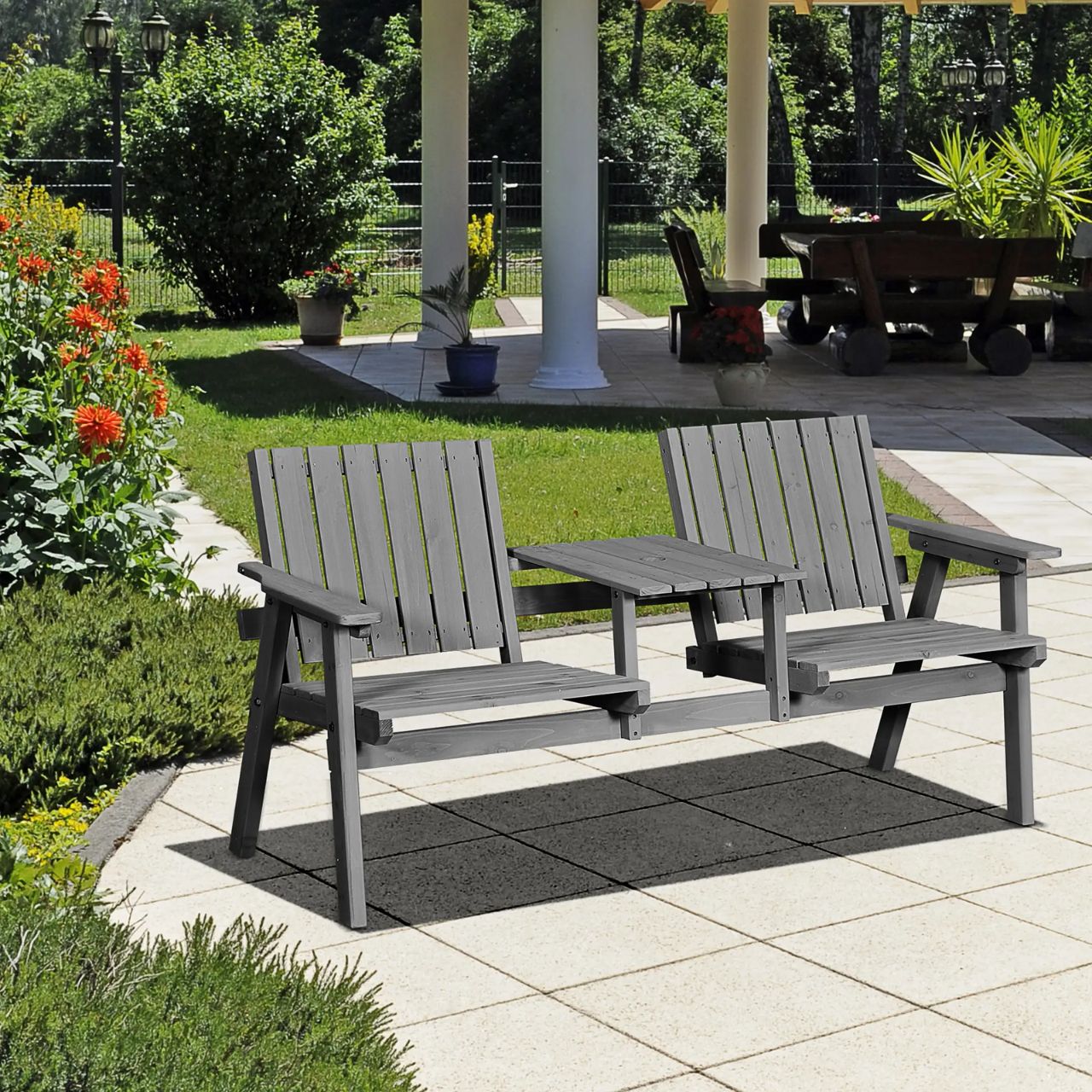 Gartenbank aus Massivholz mit integriertem Tisch – 2-Sitzer – 152 cm – Grau