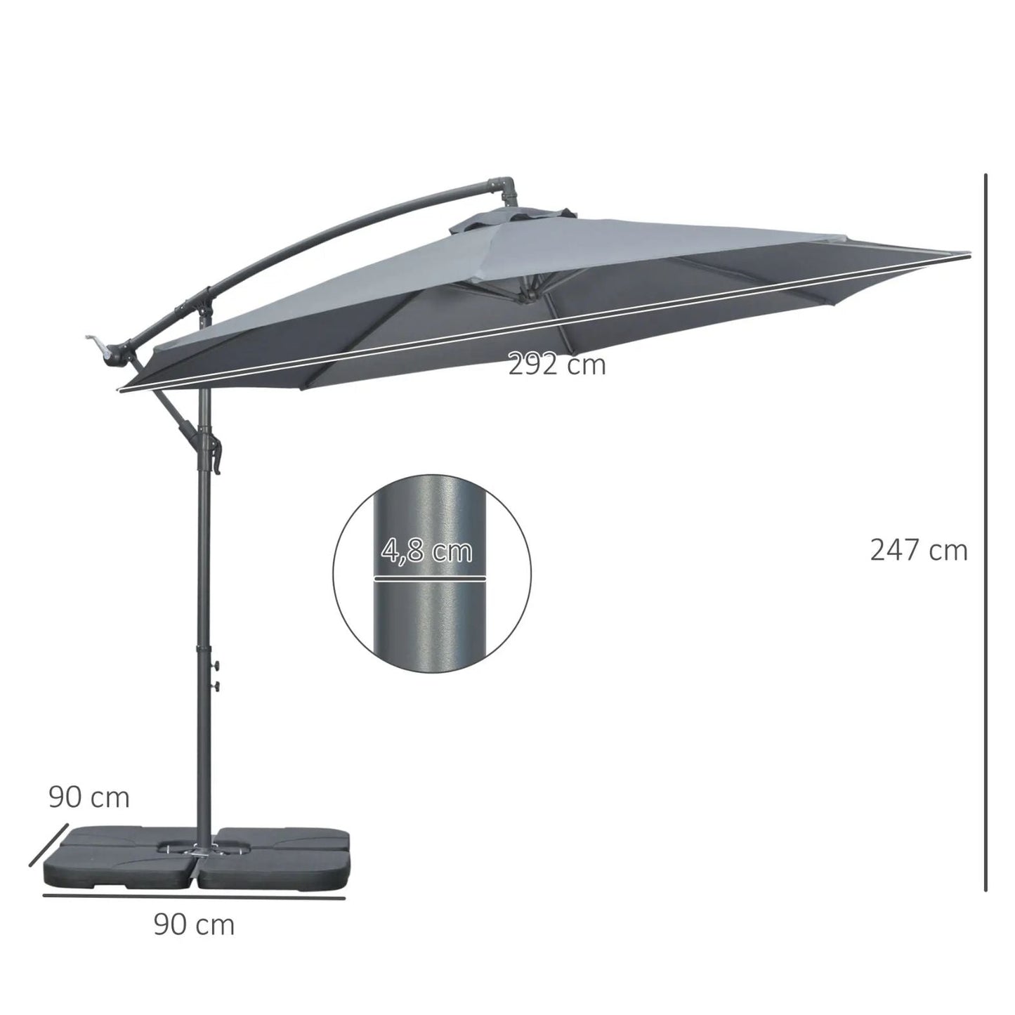 Moderner Hängeampelschirm mit Kreuzfuß und Gewichten – Verstellbarer Sonnenschirm mit UV-Schutz – Ø292 cm – Grau