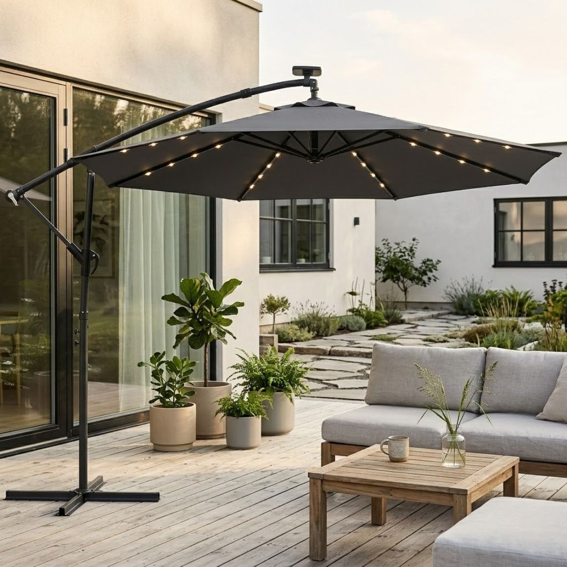 Ampelschirm 3×3 m mit Integrierter LED-Beleuchtung – 360° Verstellbar für Terrasse & Garten