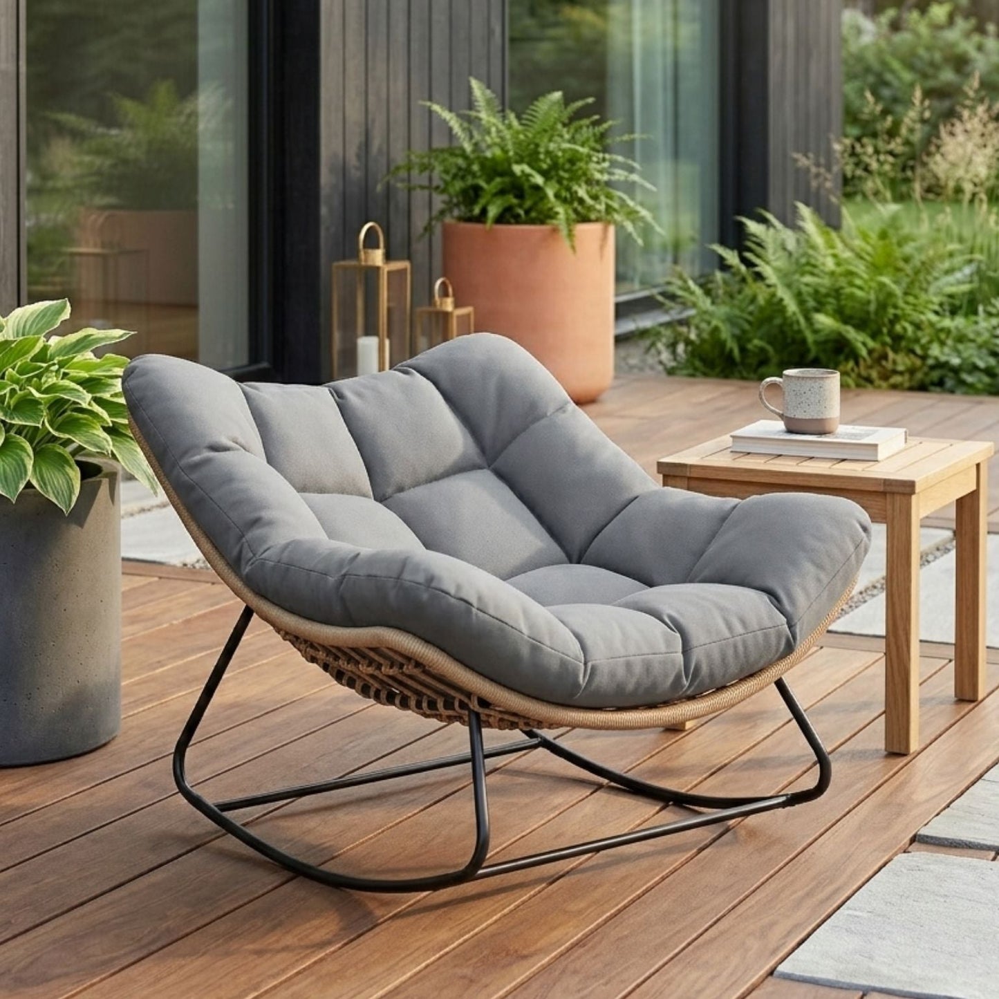 Großer schwingender Lounge-Sessel aus Polyrattan – Extra dickes Polster – Für den Innen- und Außenbereich – Grau