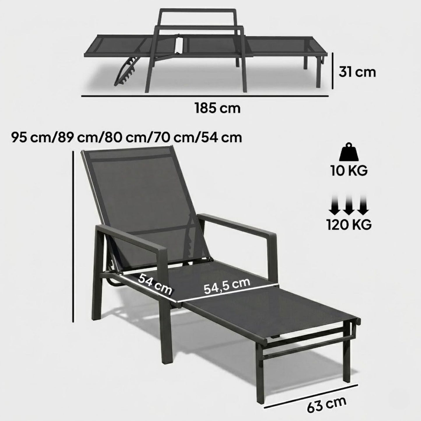 Klappbare Sonnenliege mit Cleverem 2-in-1-Design und Ausziehbarer Fußstütze – Verstellbare Rückenlehne in 5 Positionen – Für Garten & Balkon