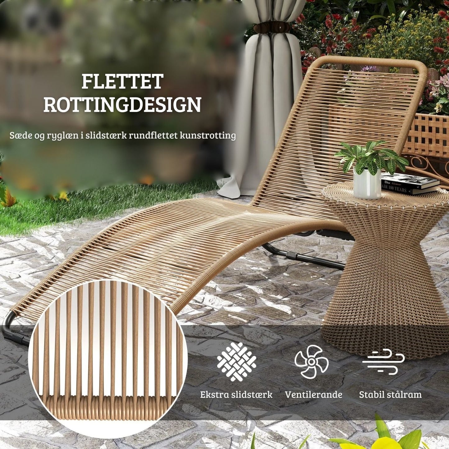 Ergonomische Sonnenliege aus naturfarbenem Polyrattan – Stilvolles S-förmiges Design