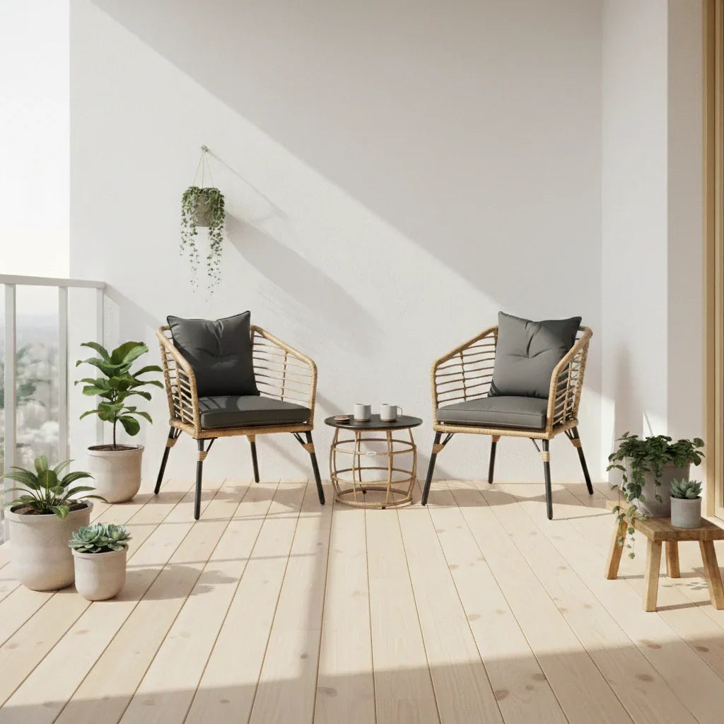 Rattan Sitzgruppe mit Polstern für Balkon und Terrasse – 2 Loungesessel und Tisch