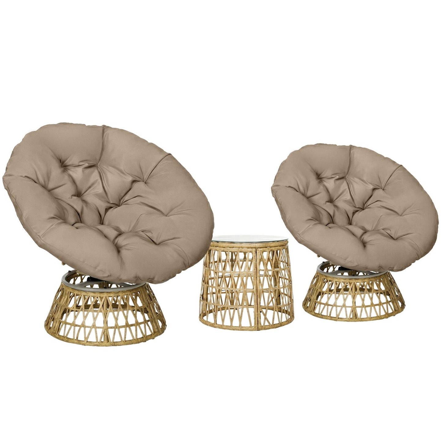 Rattan-Loungeset mit 2 drehbaren Sesseln, Tisch und dicken Polstern – 360°-Funktion