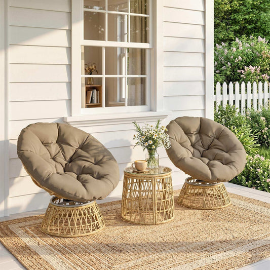 Rattan-Loungeset mit 2 drehbaren Sesseln, Tisch und dicken Polstern – 360°-Funktion