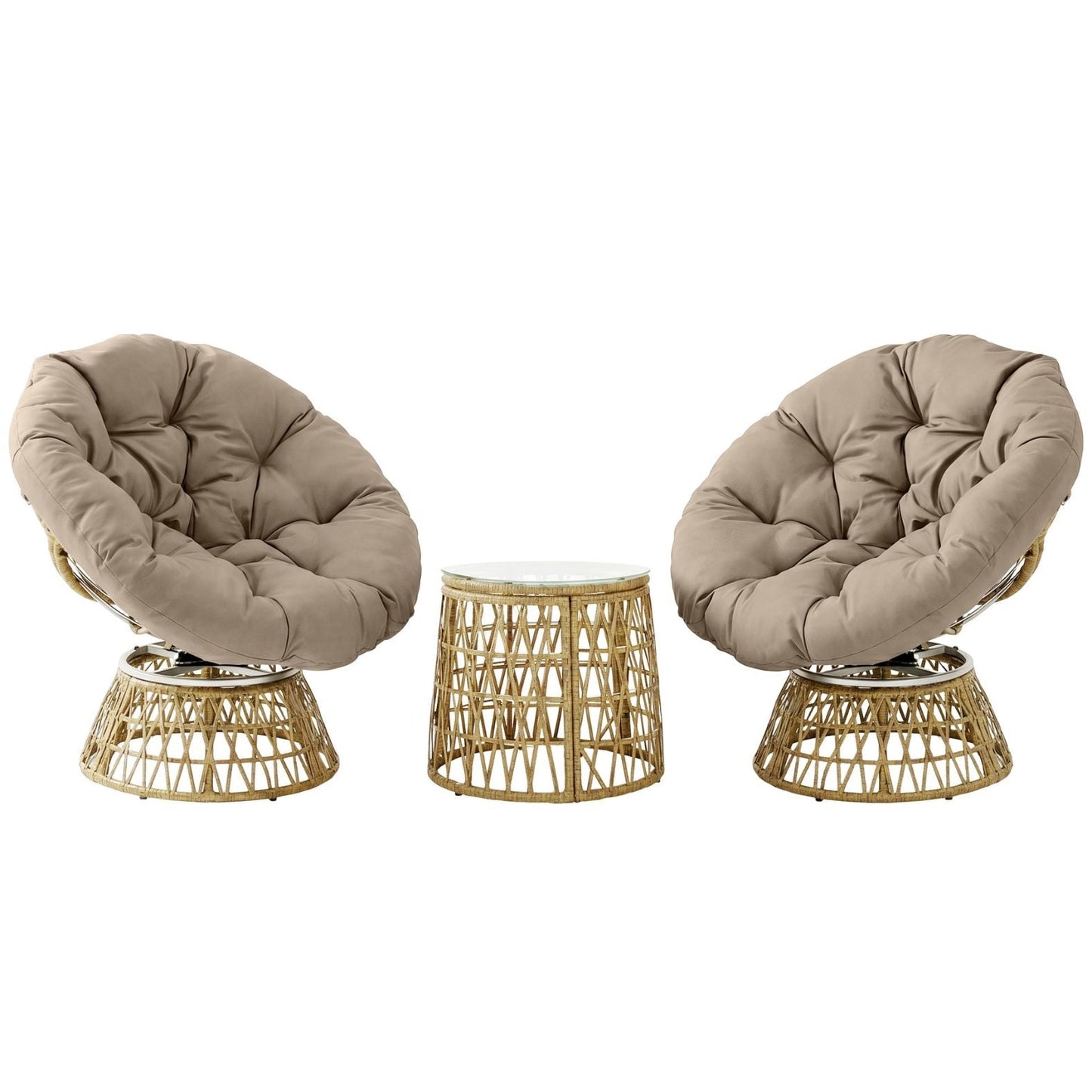 Rattan-Loungeset mit 2 drehbaren Sesseln, Tisch und dicken Polstern – 360°-Funktion