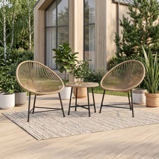 Stilvolle Acapulco Sitzgruppe für Balkon und Terrasse – 2 Sessel und Tisch – Naturfarbenes Rattan
