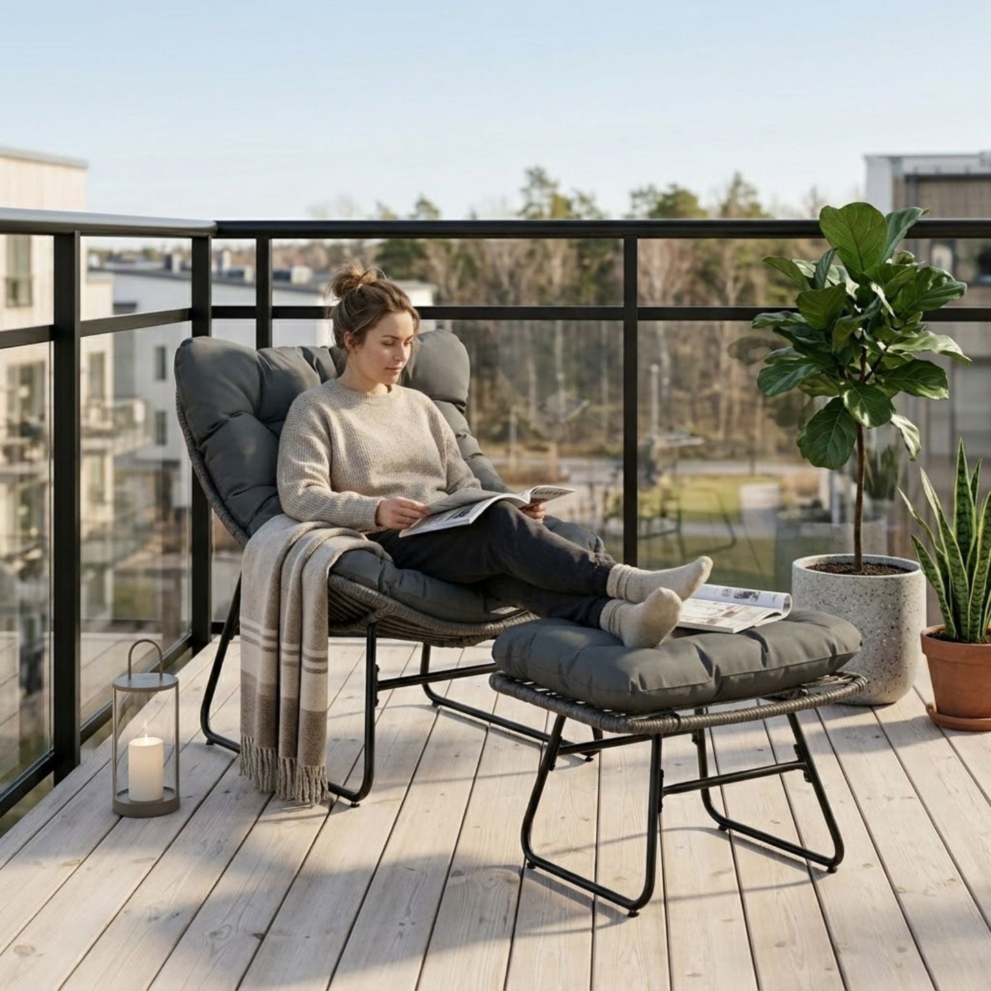 Bequemer Loungesessel aus Polyrattan mit Fußhocker und Dicken Polstern – Komfortabler Relaxsessel für Garten & Balkon – Grau