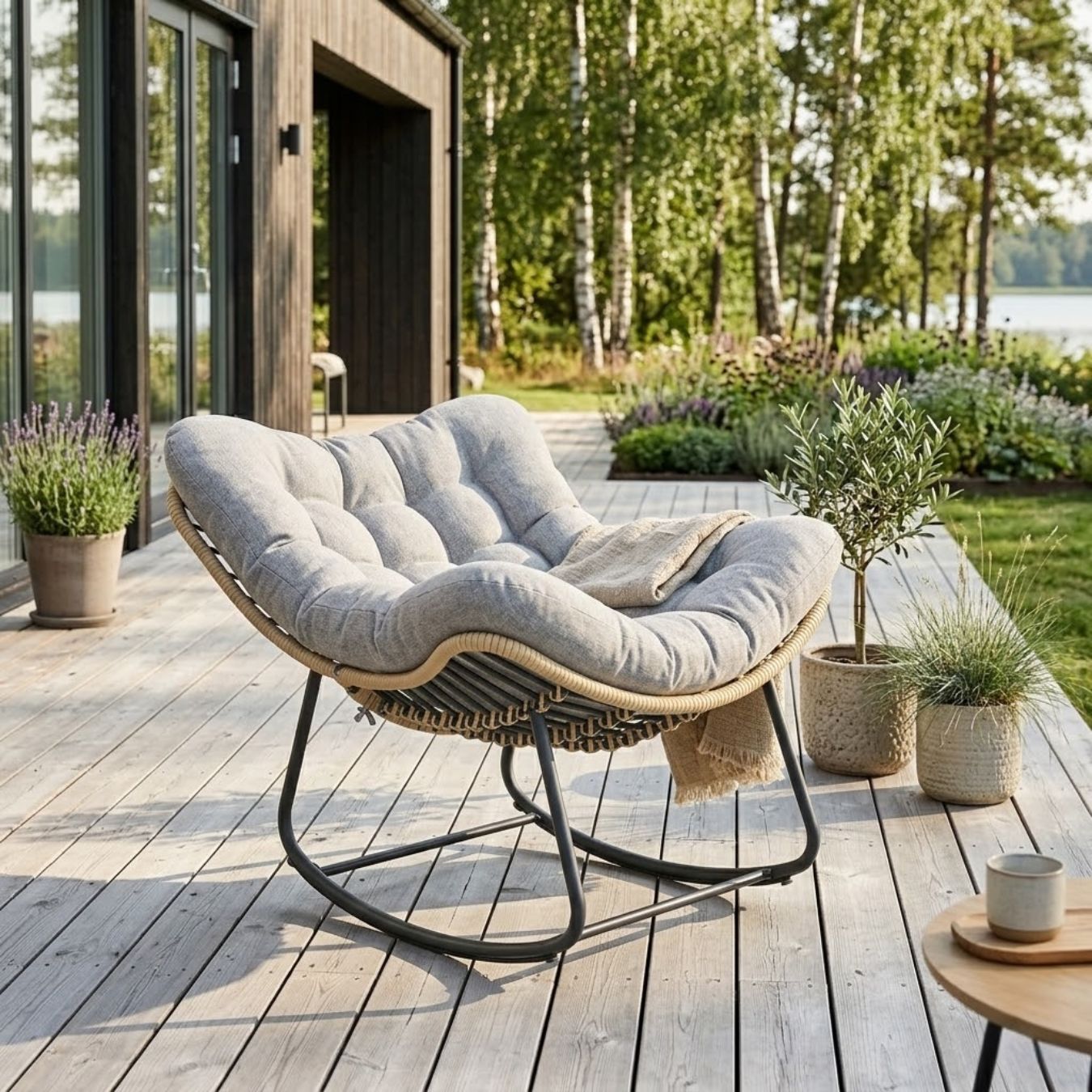 Großer Schaukelnder Lounge-Sessel aus Polyrattan – Dickes Kissen – für Innen und Außen