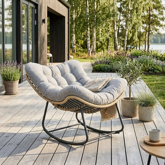 Großer Schaukelnder Lounge-Sessel aus Polyrattan – Dickes Kissen – für Innen und Außen