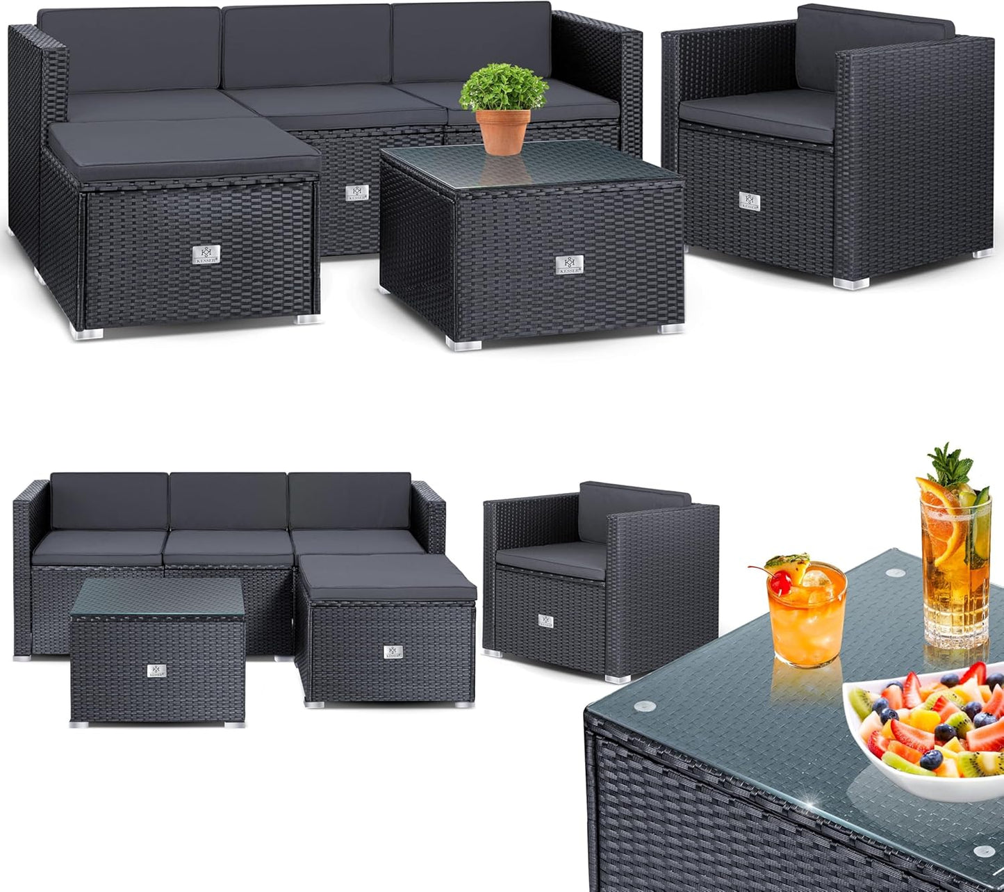 KESSER Polyrattan Lounge Aruba Anthrazit für 4-5 Personen mit Sofa, Sessel, Hocker & Tisch, Wetterfeste Gartenmöbel