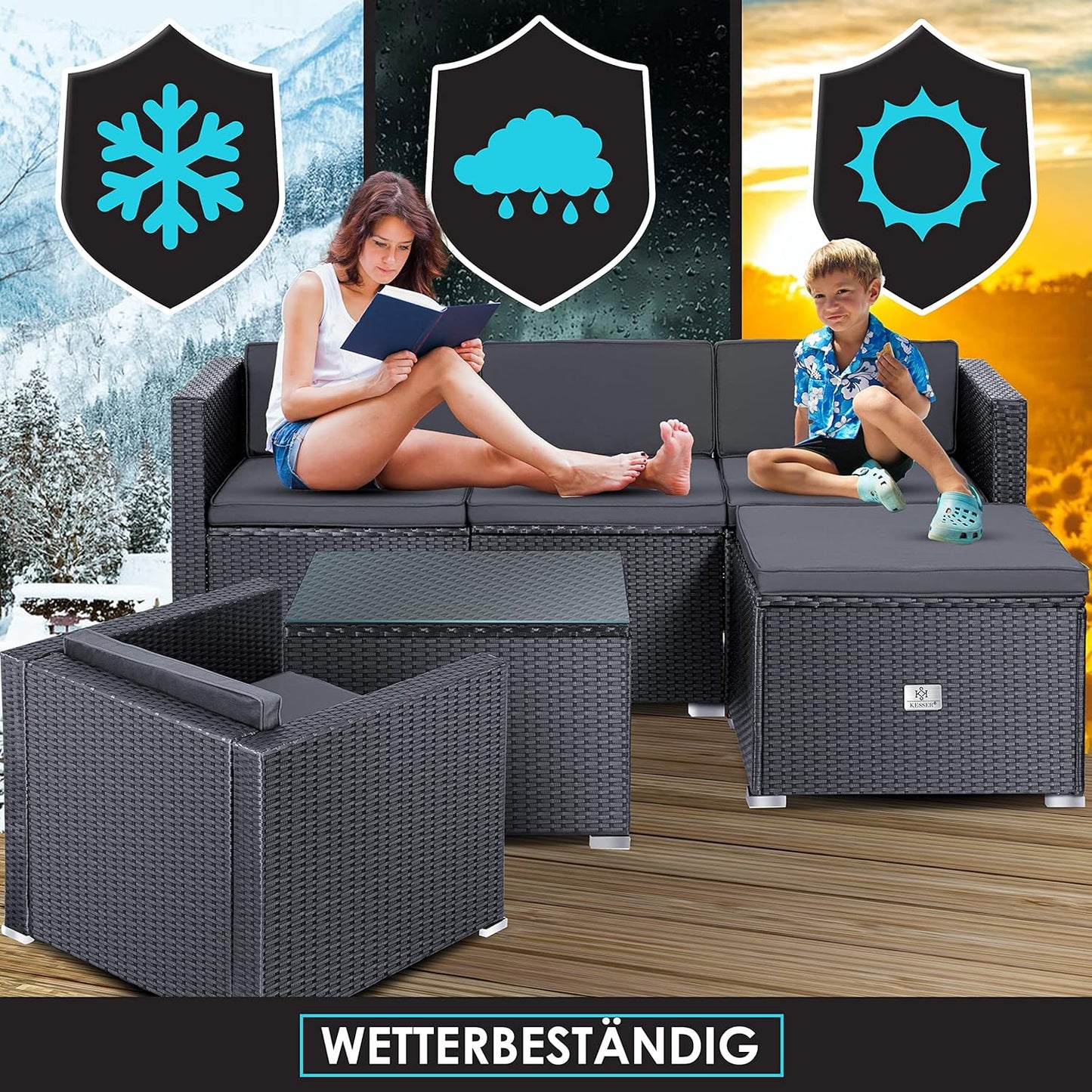 KESSER Polyrattan Lounge Aruba Anthrazit für 4-5 Personen mit Sofa, Sessel, Hocker & Tisch, Wetterfeste Gartenmöbel