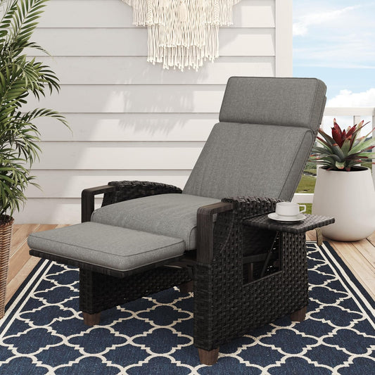 Grand patio Relaxliege Rattan Sonnenliege mit Verstellbarer Rückenlehne & Sitzkissen, Outdoor Liegesessel Braun/Dunkelgrau