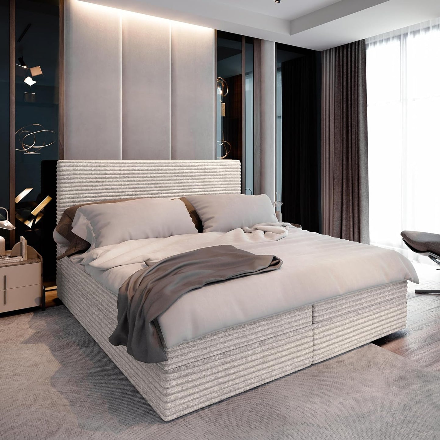 Masseno Boxspringbett PISA Polsterbett Creme mit Matratze & Topper, Bettkasten, gepolstertes Kopfteil TILIA 03