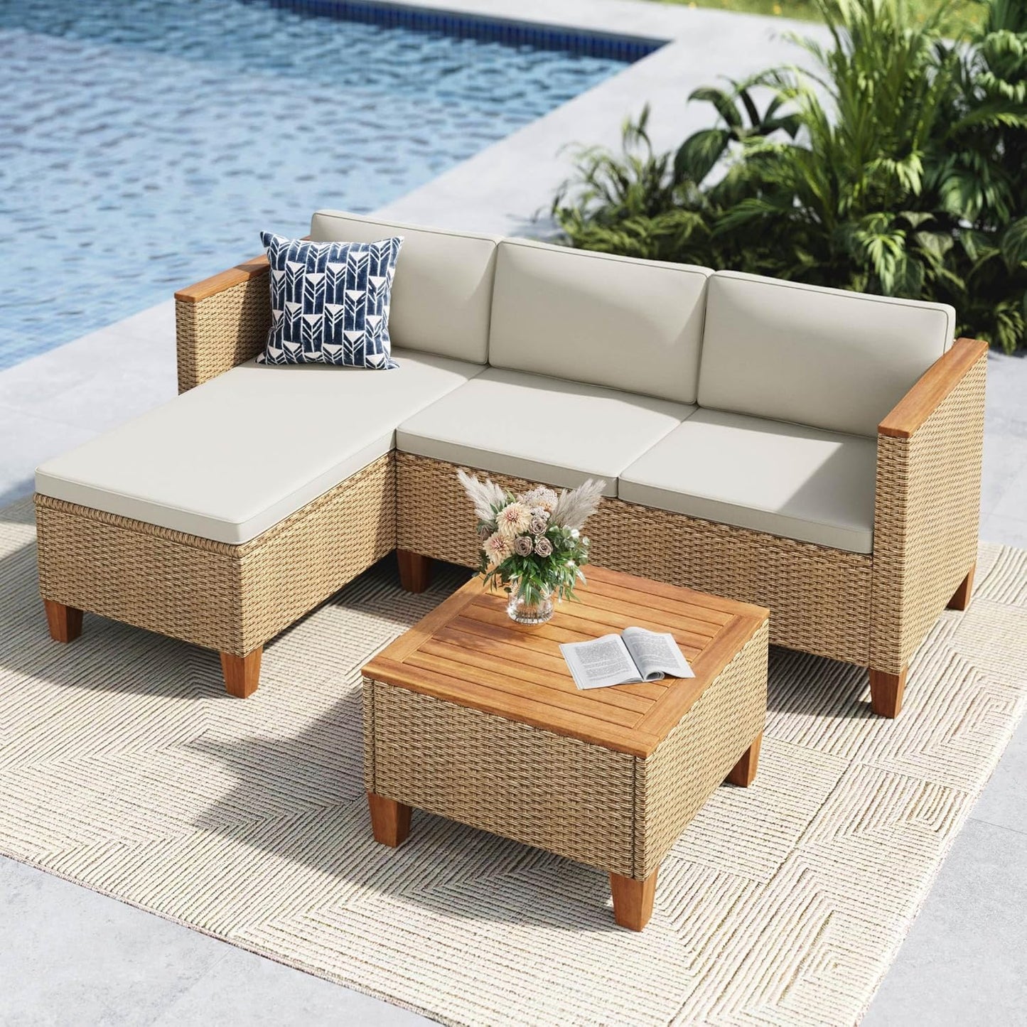 MFSTUDIO Gartenmöbel Set Polyrattan Braun 3-teilig L-Form mit Kissen & Akazienholz Tisch, Lounge Set für 4 Personen