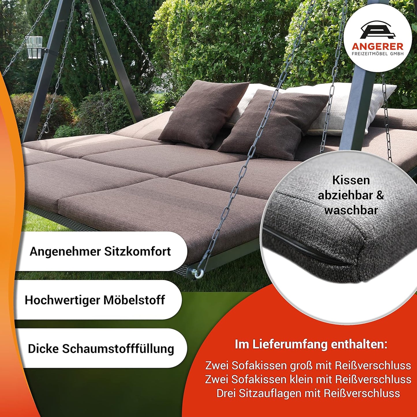 ANGERER Hollywoodschaukel Lounge Smart 3-Sitzer mit Bettfunktion & Sonnendach Gartenliege Schaukel Made in Germany