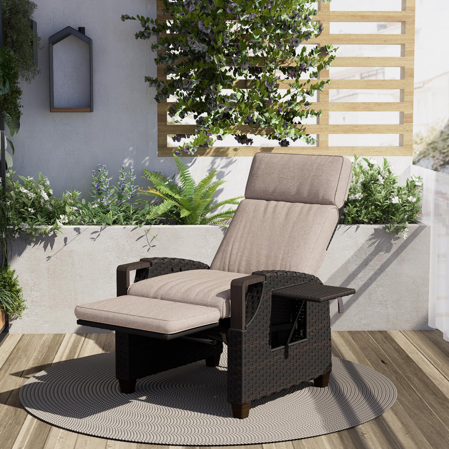 Grand patio Relaxliege Rattan Sonnenliege mit Verstellbarer Rückenlehne & Sitzkissen, Outdoor Liegesessel Braun/Dunkelgrau