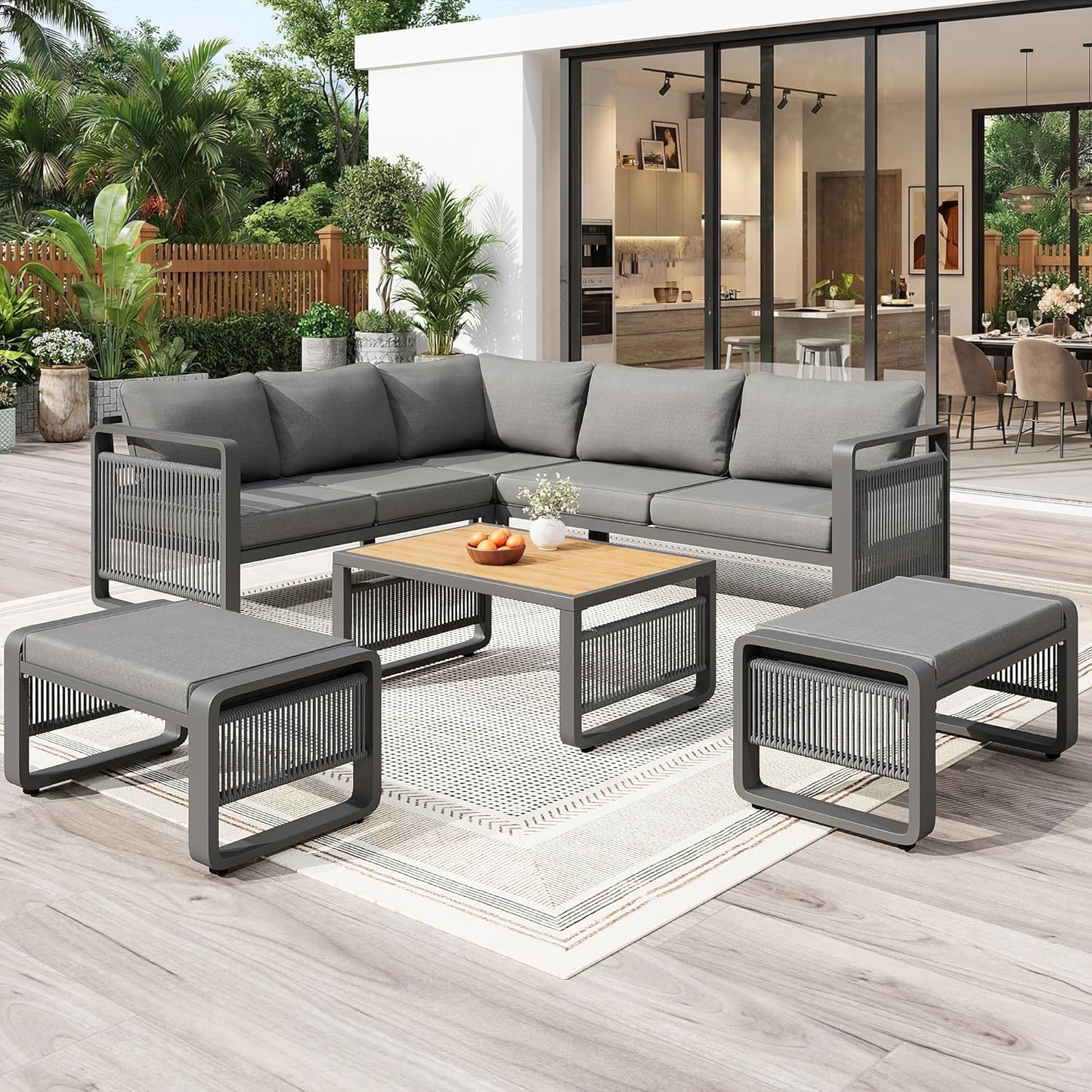 Merax Gartenmöbel Lounge Set Grau für 6-7 Personen, Wetterfestes Gartensofa mit Liege & Eckgarnitur für Terrasse und Balkon