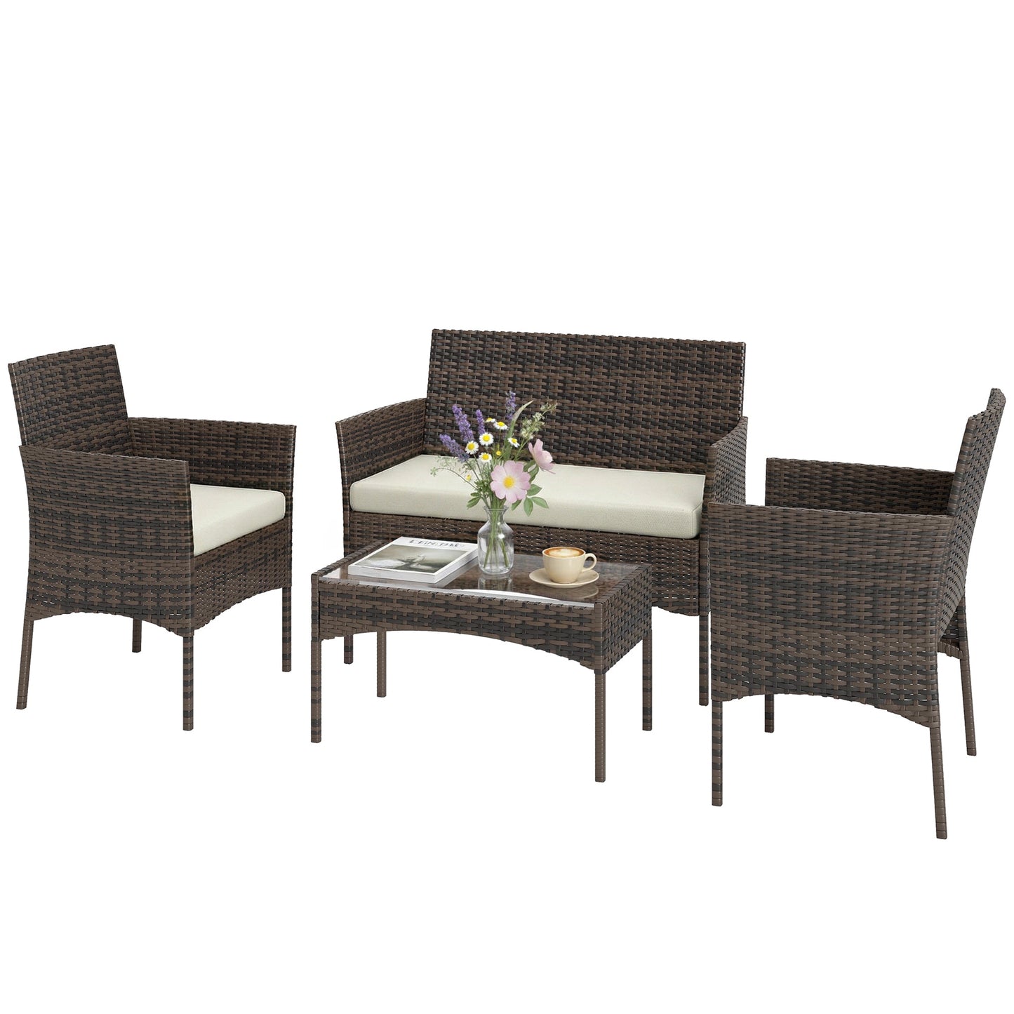 Komplette Loungegruppe aus Polyrattan für 4 Personen – Sofa, Sessel & Couchtisch mit Glas – Braun/Beige