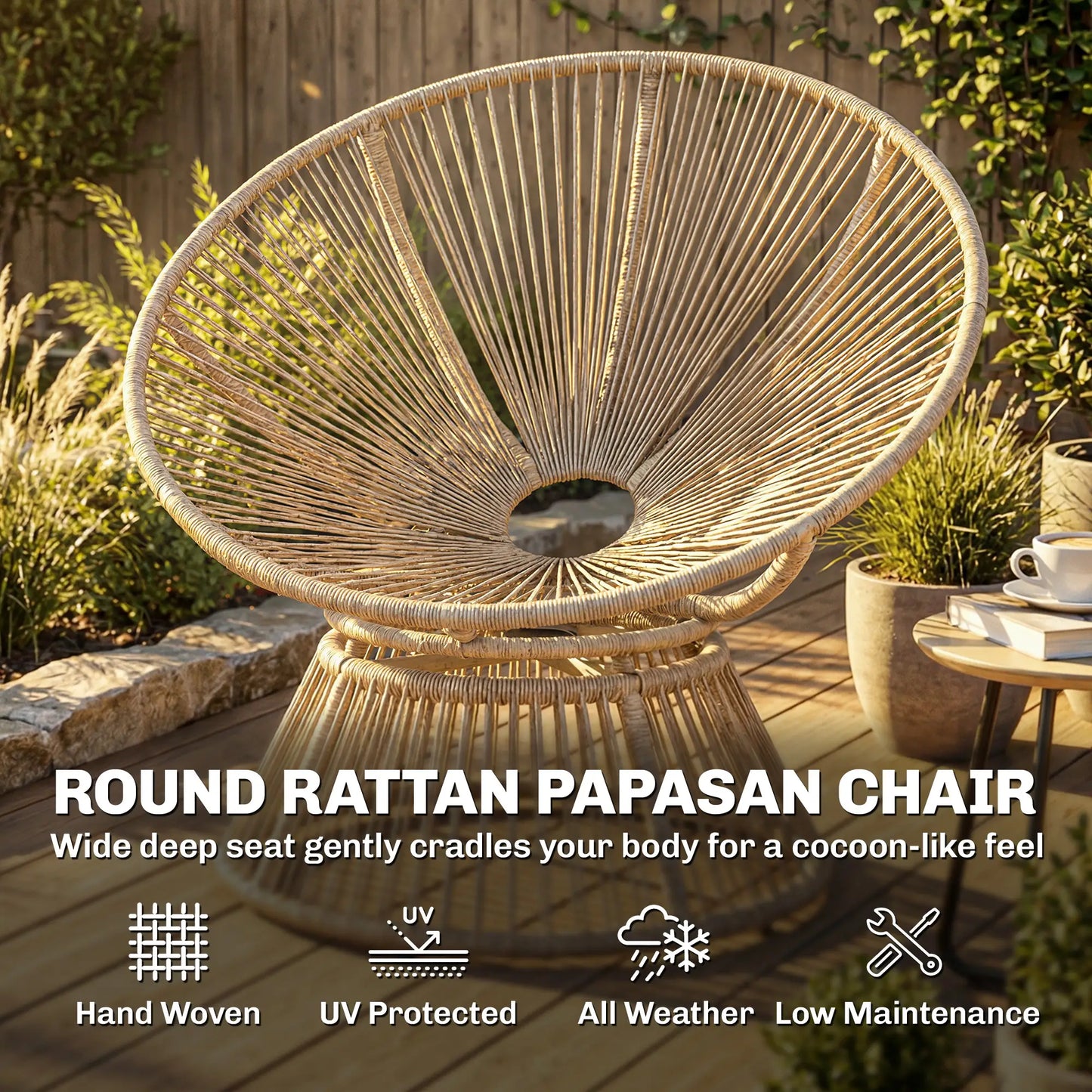 360° drehbarer Papasan-Sessel aus Rattan mit großem Kissen – für innen und außen