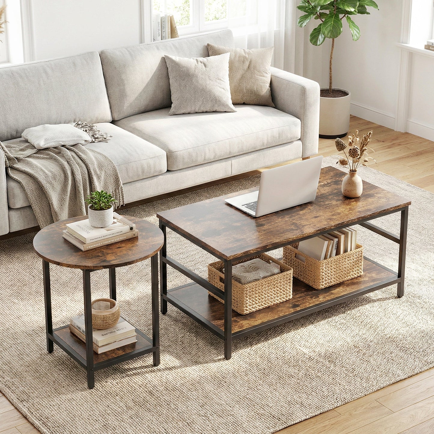 Couchtisch-Set 2-teilig mit Stauraum – Runder und Rechteckiger Satztisch im Industriellen Stil – Rustikal Braun
