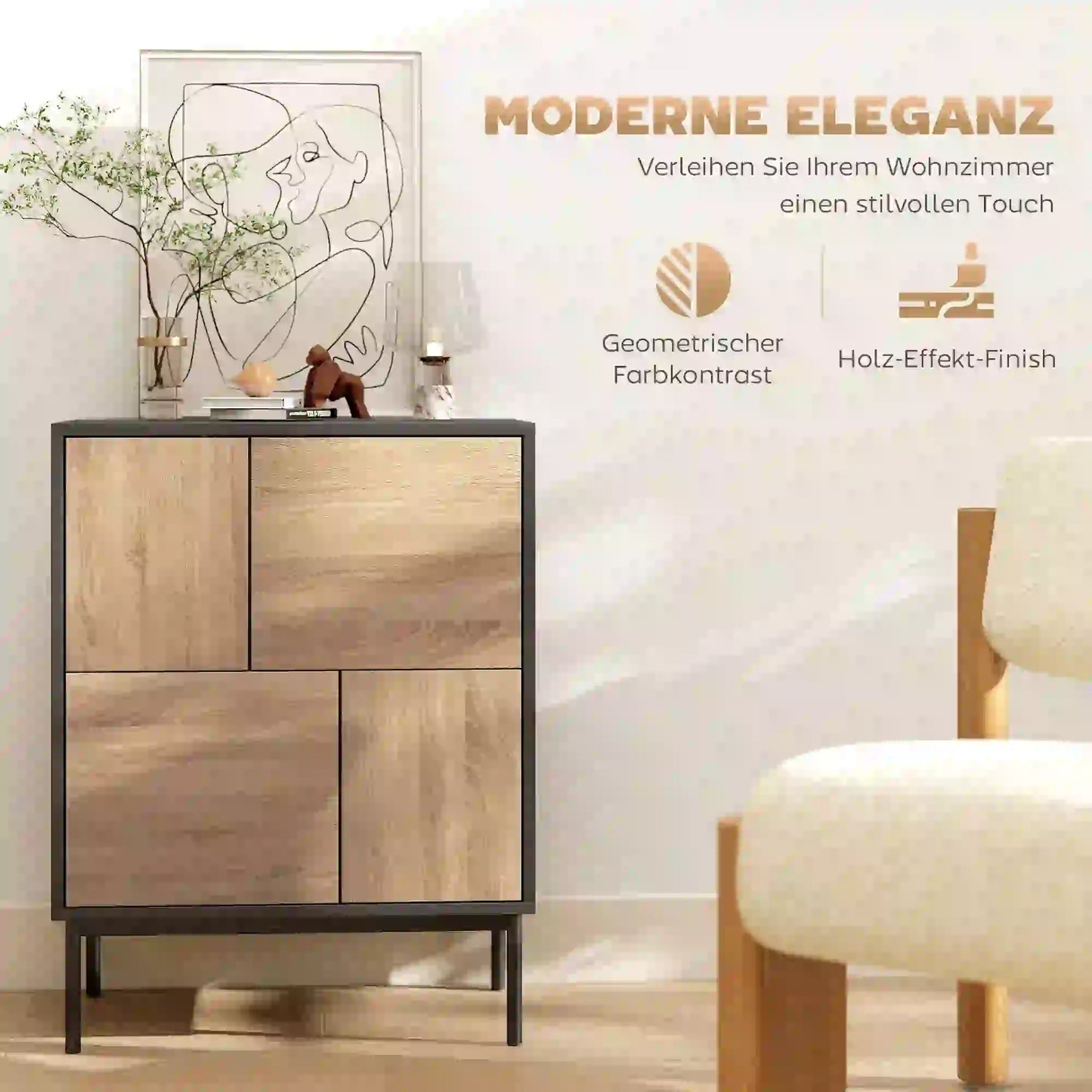 Moderne Kommode mit 4 geschlossenen Fächern – Push-to-Open – Schwarz/Natur