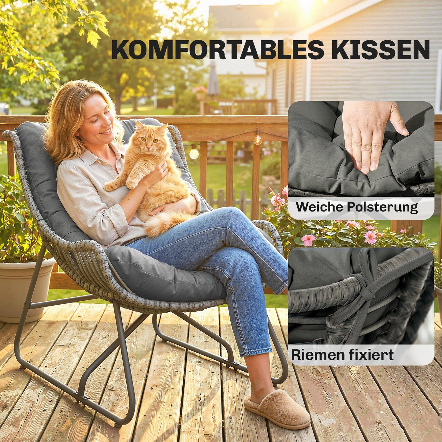 Stilvoller Rattan Gartensessel mit Komfortablem Kissen für den Außenbereich – Grau