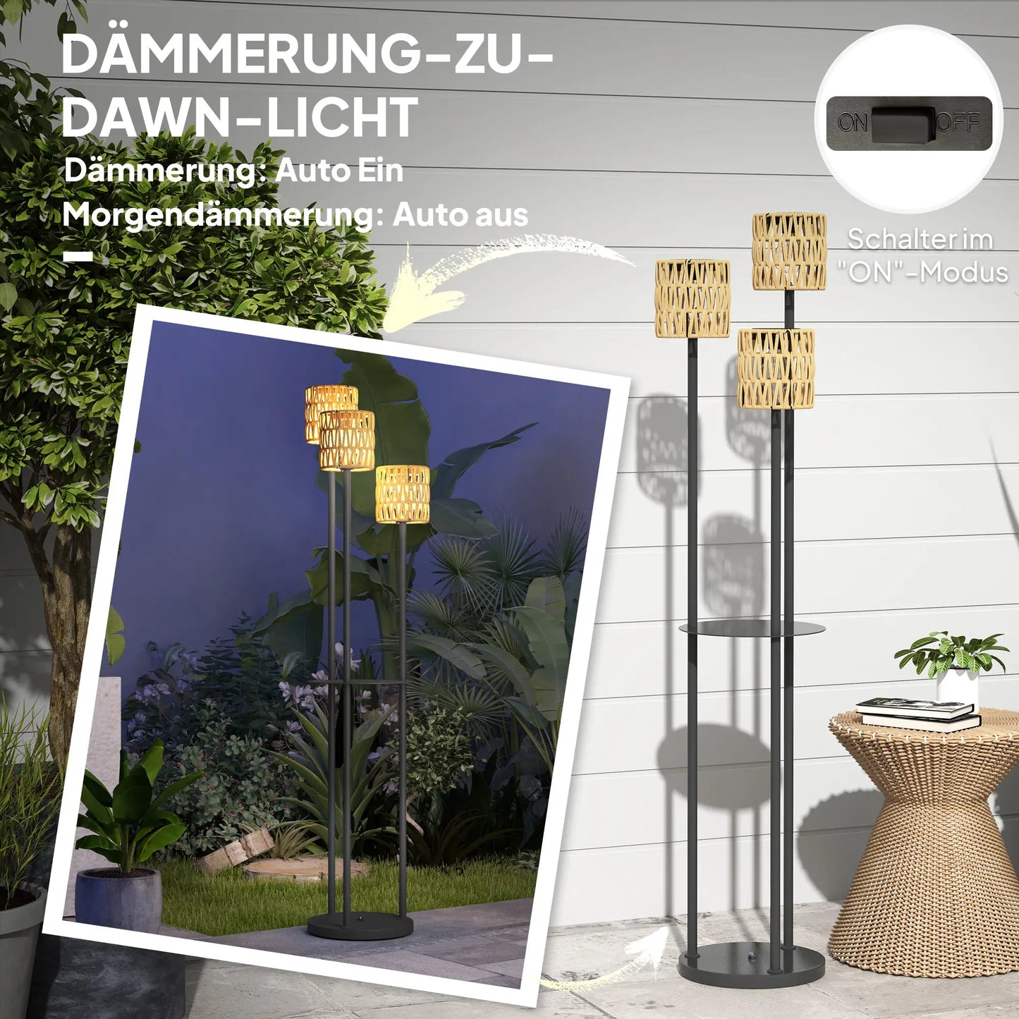 Elegante Solarbetriebene Gartenlampe aus Rattan mit Drei Lampenschirmen