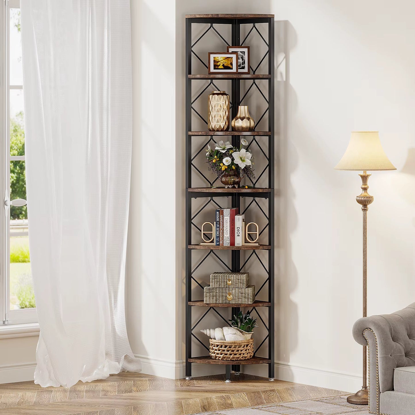 Rustikales Eckregal aus Holz und Metall – Industrial-Stil – 200 cm