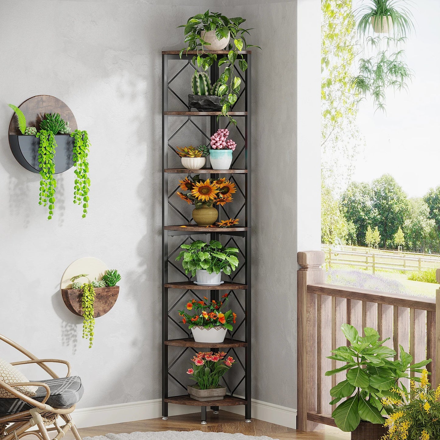 Rustikales Eckregal aus Holz und Metall – Industrial-Stil – 200 cm