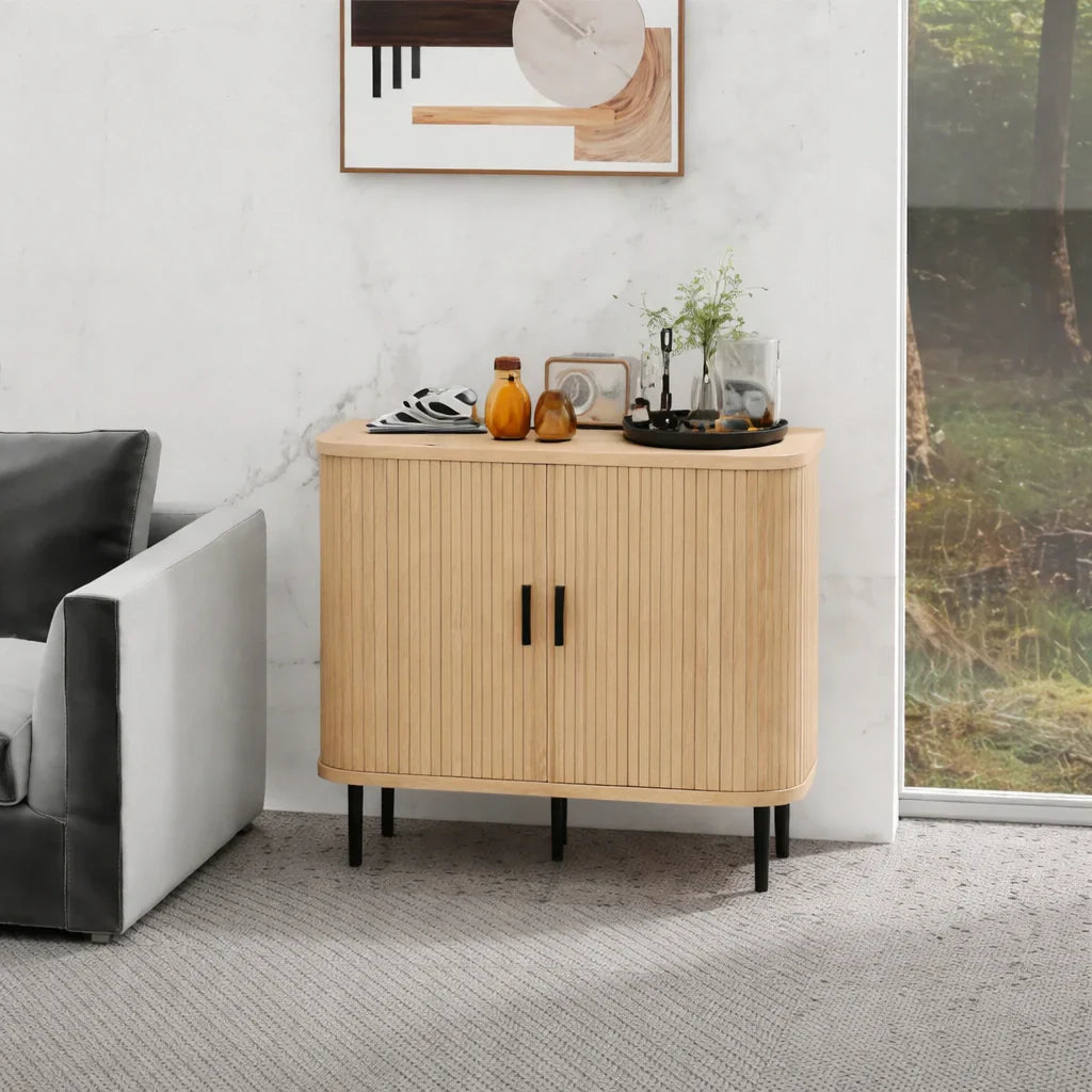 Retro Geriffelter Schrank in Eichenoptik mit Schiebetüren – 90 cm