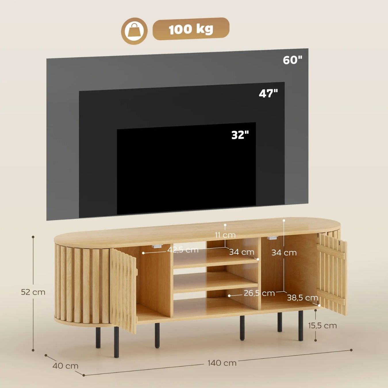 Stilvolles TV-Lowboard im skandinavischen Design mit Lamellentüren – 140 cm