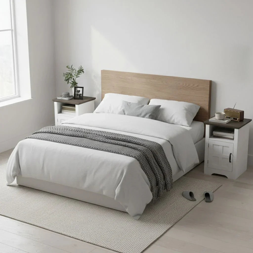 Nachttische – 2er-Set im Skandinavischen Stil | Weiß mit Dunkler Holzplatte