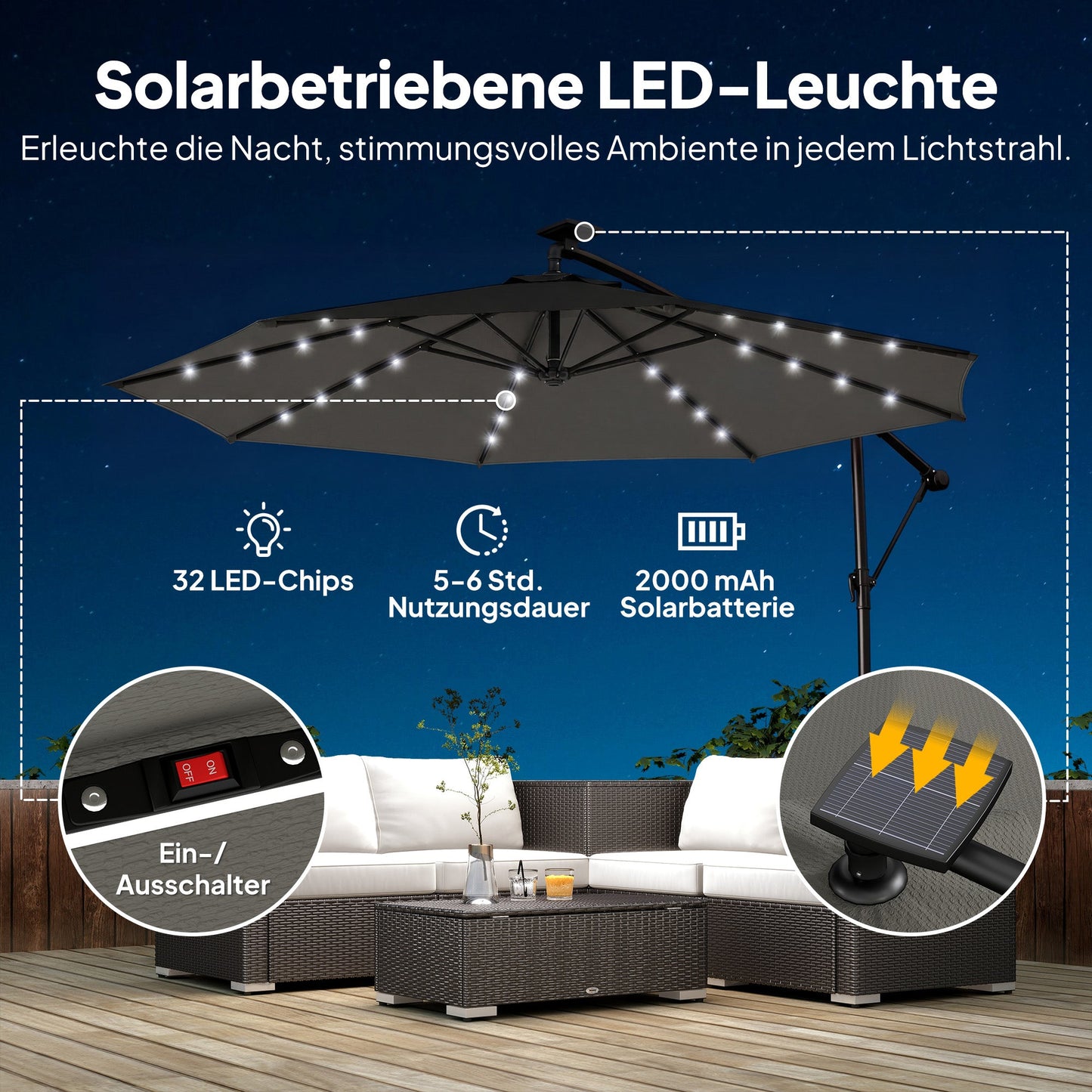 Ampelschirm 3×3 m mit Integrierter LED-Beleuchtung – 360° Verstellbar für Terrasse & Garten