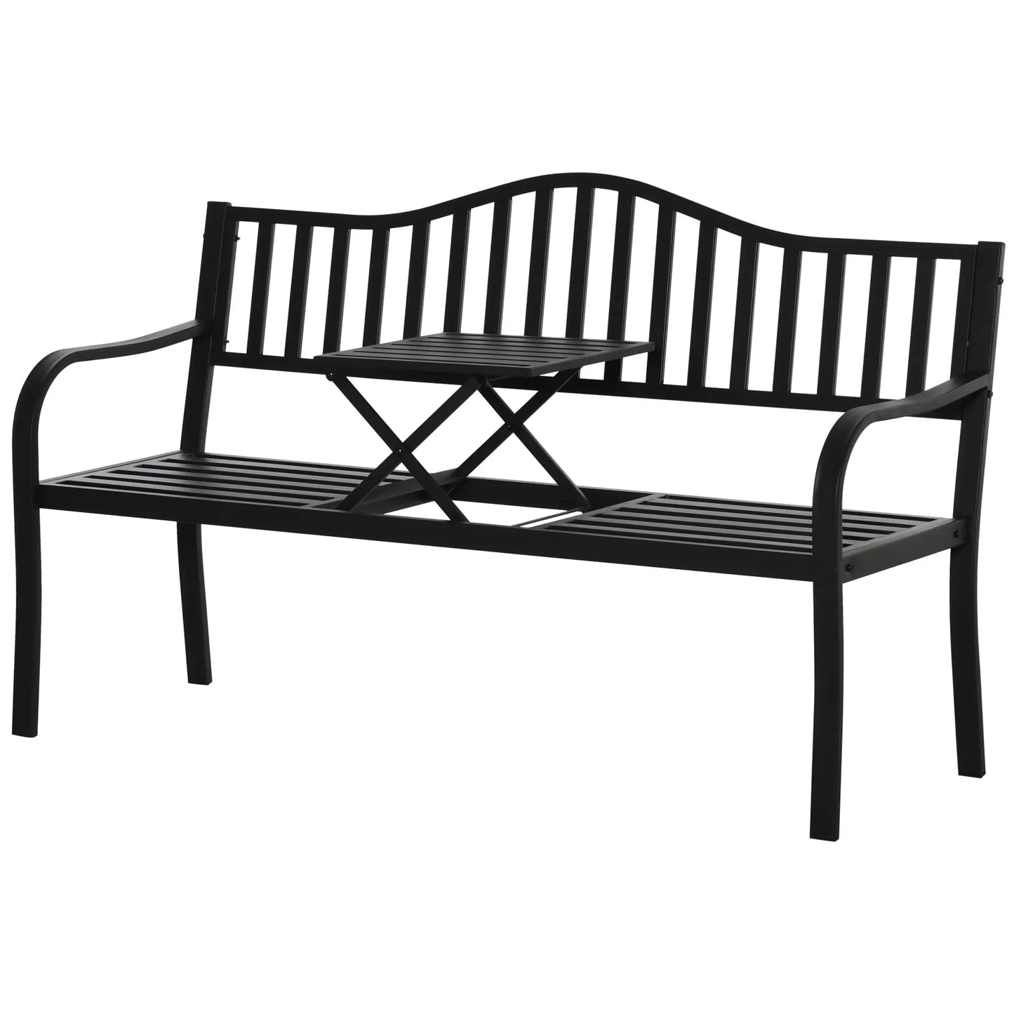 2-Sitzer Gartenbank aus Metall mit Ausziehbarem Tisch – 150 cm, Schwarz