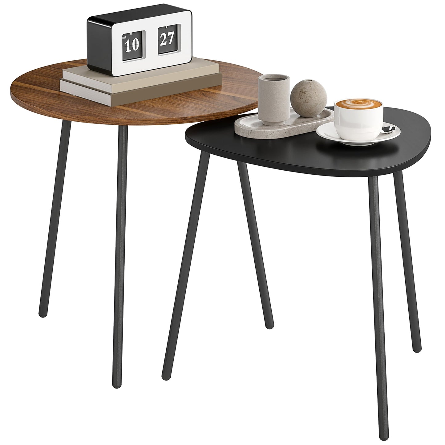 Elegantes Set mit 2 Satztischen in Walnussoptik und Schwarz – Runder & Dreieckiger Couchtisch im Modernen Design