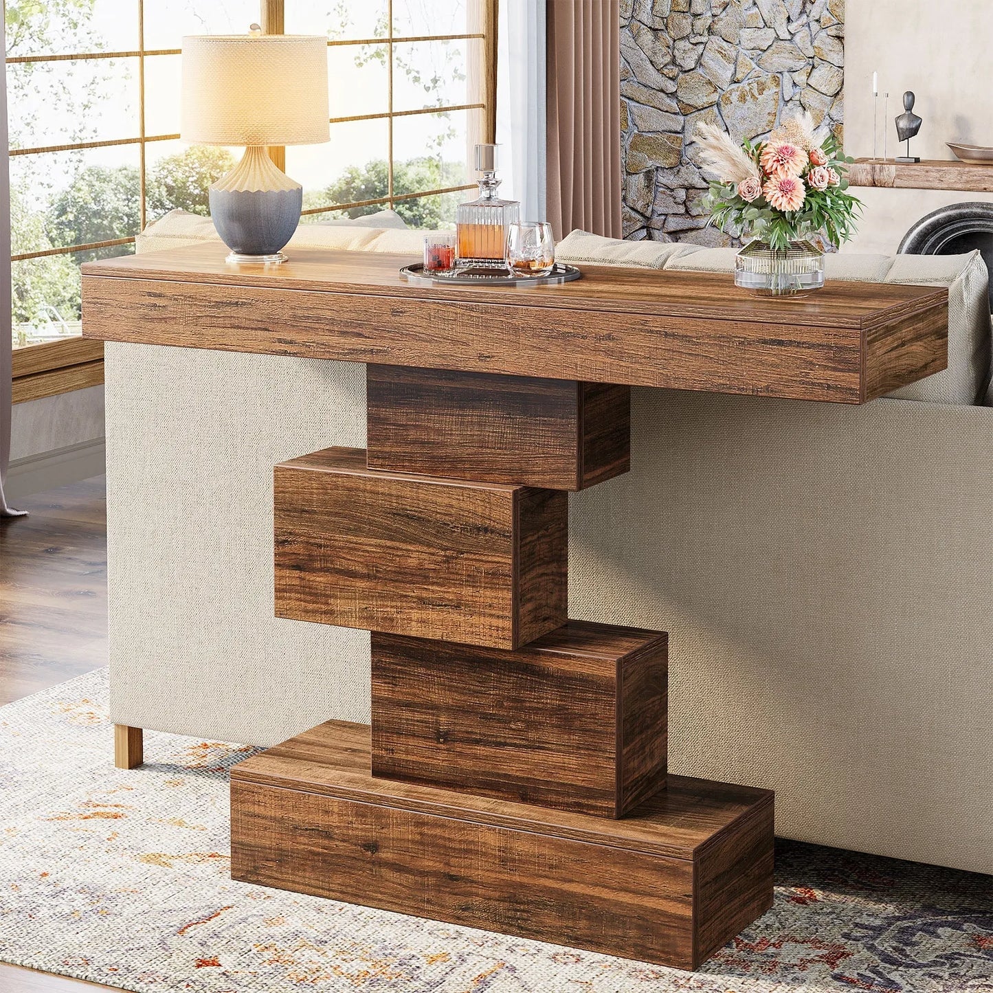Rustikaler Konsolentisch im geometrischen Design – Dunkelbraun - 108 cm