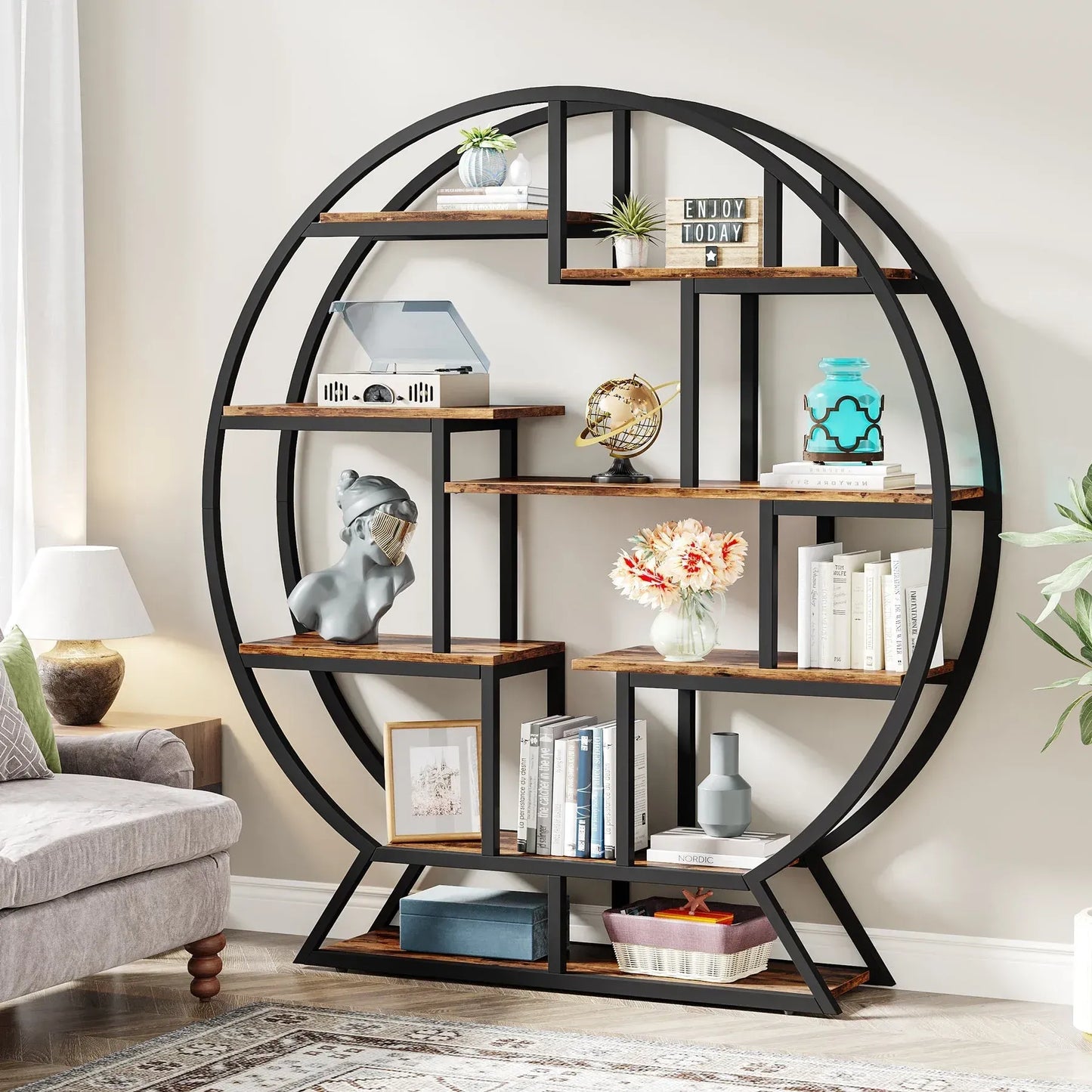 Einzigartiges rundes Regal aus Holz und Metall – 158 cm hoch – Industriestil
