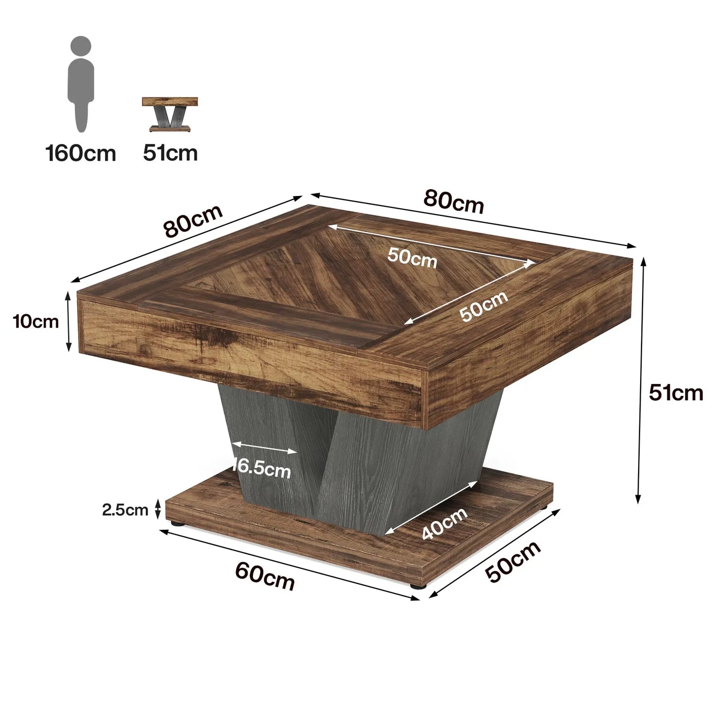 Rustikaler Quadratischer Couchtisch aus Holz – Einzigartiges Design – 80 × 80 cm