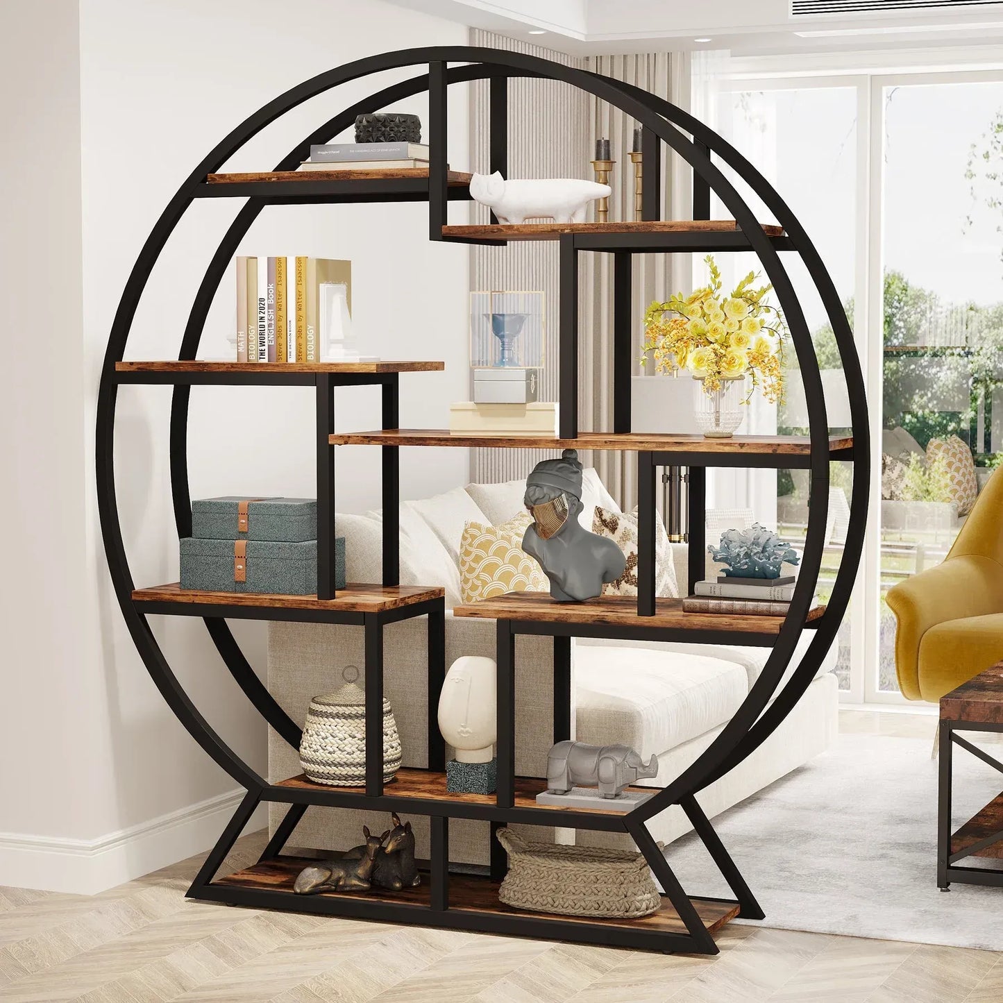 Einzigartiges rundes Regal aus Holz und Metall – 158 cm hoch – Industriestil