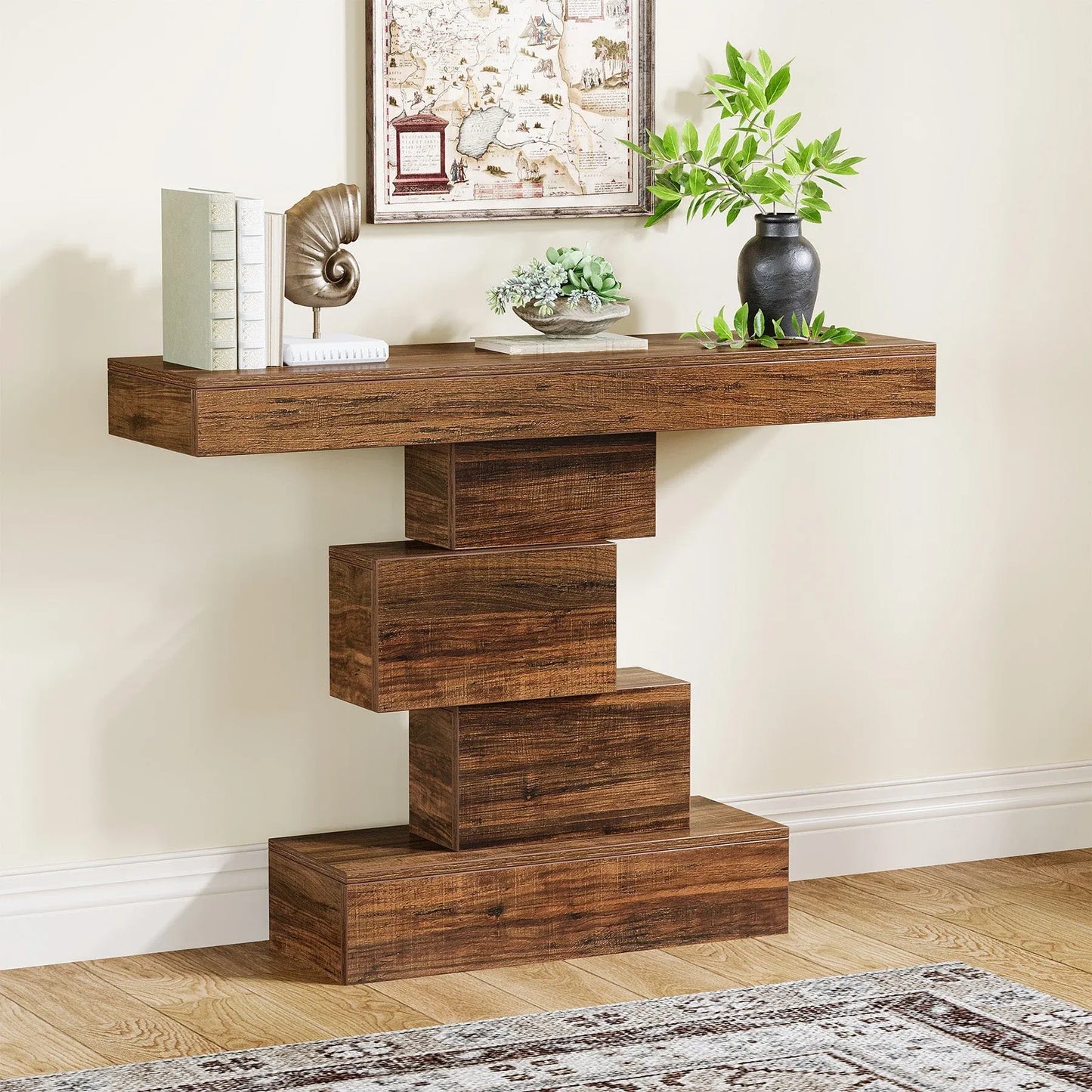 Rustikaler Konsolentisch im geometrischen Design – Dunkelbraun - 108 cm