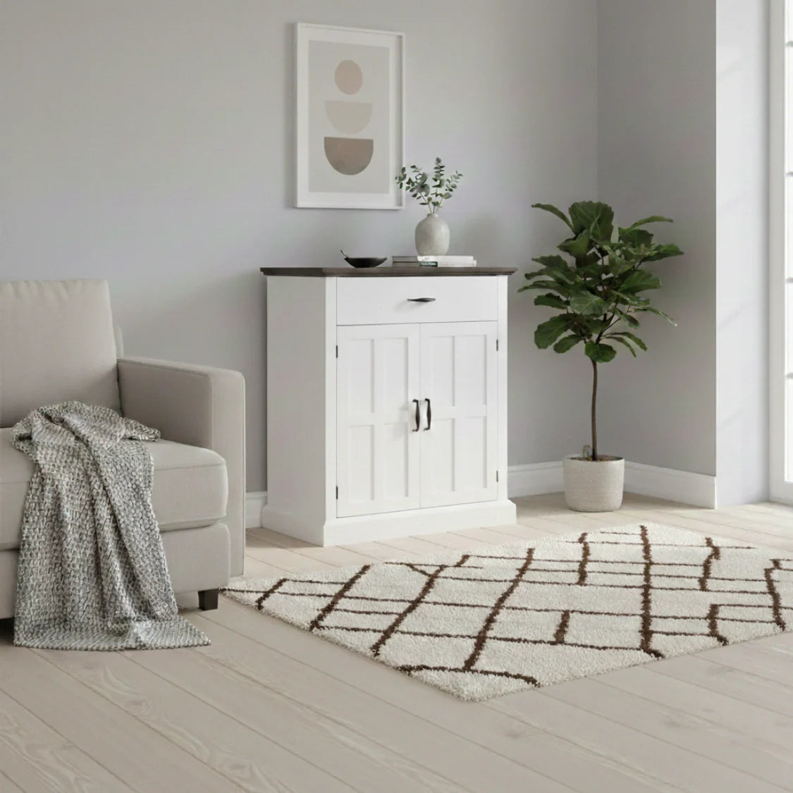 Rustik Kommode mit 2 Türen und 1 Schublade – Weiß & Dunkelbraun – 75,2 × 91,5 cm
