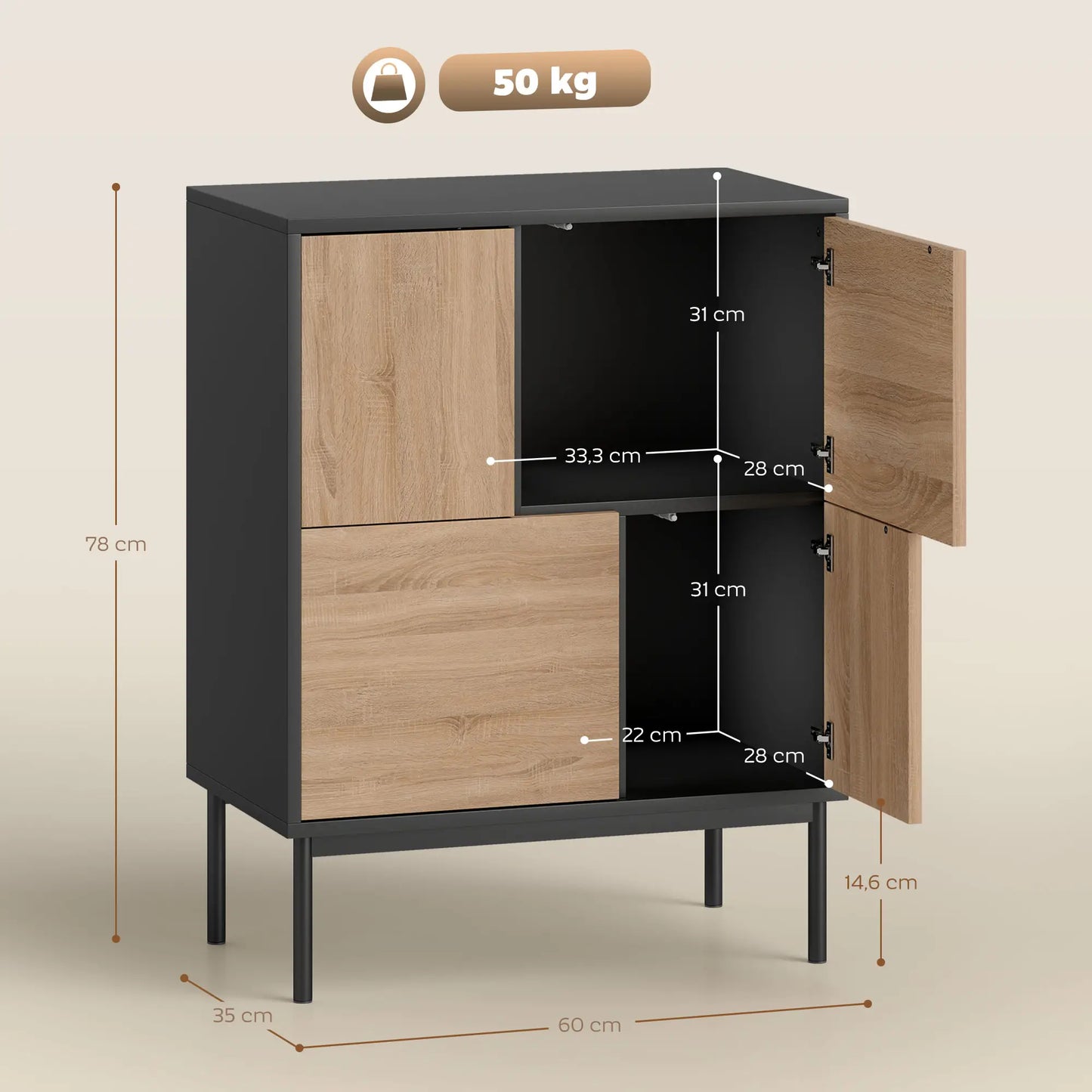 Moderne Kommode mit 4 geschlossenen Fächern – Push-to-Open – Schwarz/Natur