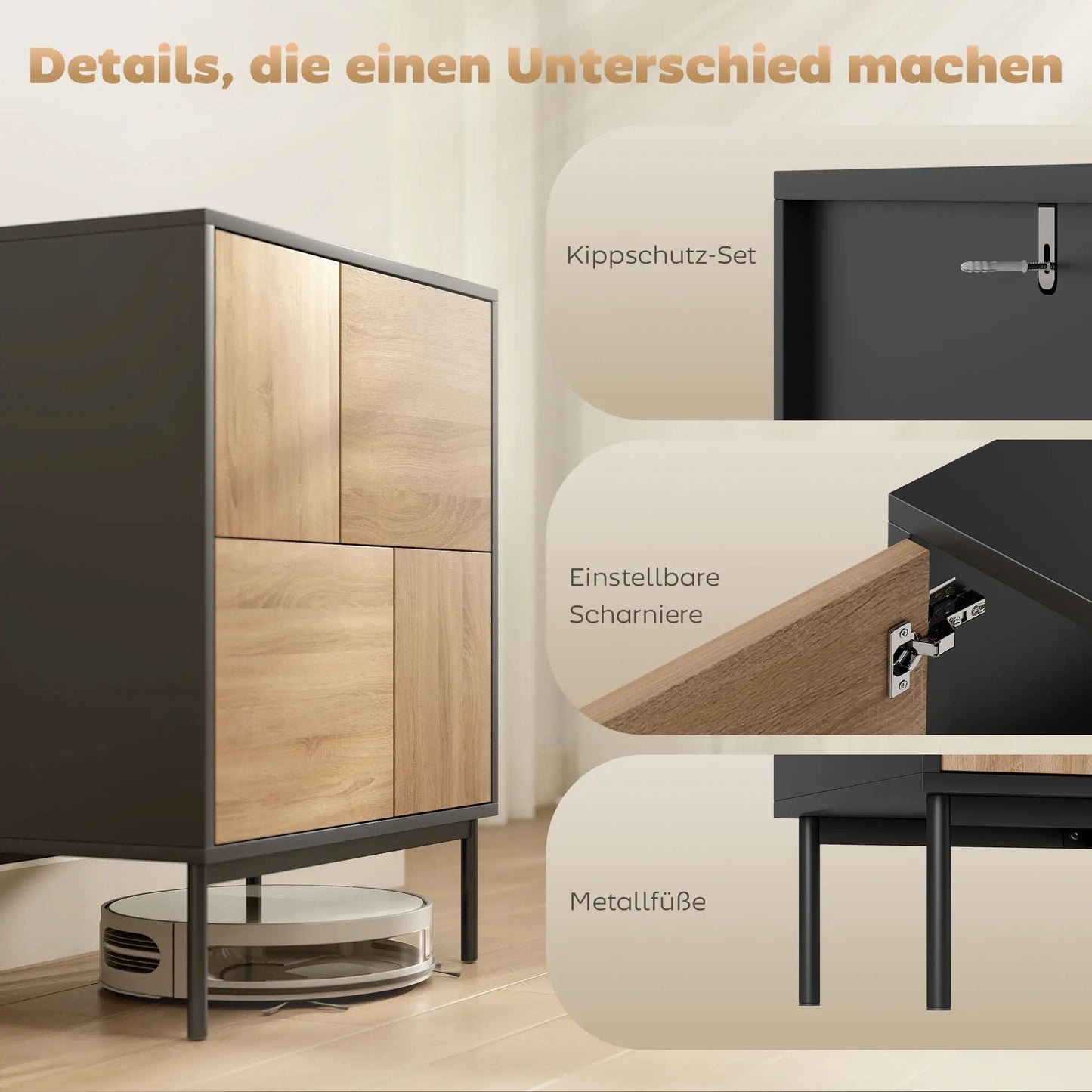 Moderne Kommode mit 4 geschlossenen Fächern – Push-to-Open – Schwarz/Natur
